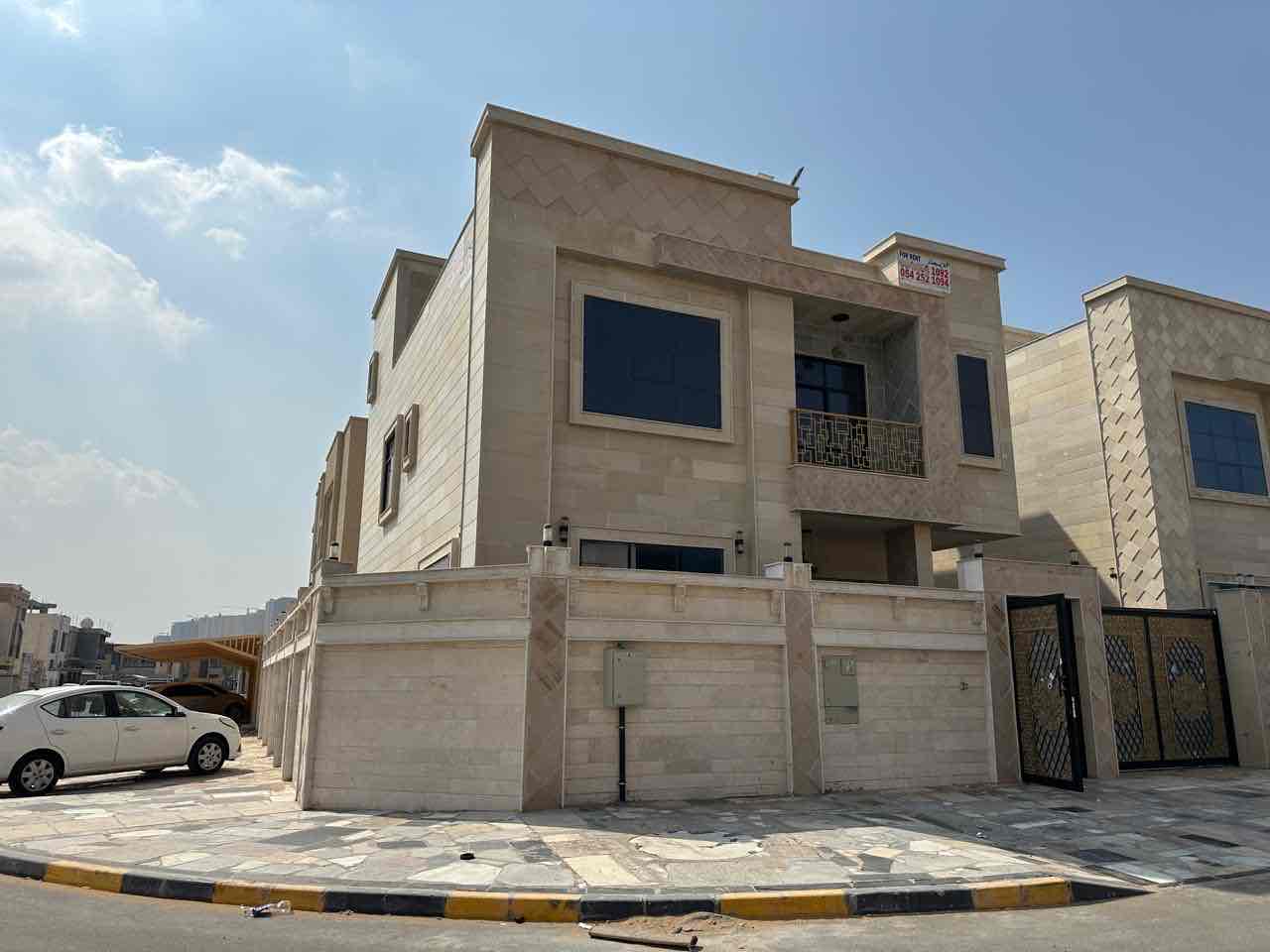 Corner villa for rent in Al Zahya, consisting of 6 rooms, a living room, a hall, two kitchens, a maid’s room, 8 bathrooms, and a roof, at a price of 110,000 in 4 installments, and 90,000 in one installment, with a security deposit of 10,000.