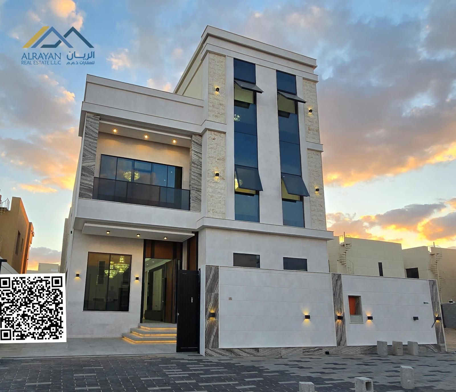 For sale: including registration fees, a new villa, ground floor, first floor and roof, with deluxe finishing in Al Zahya - Ajman, directly from th