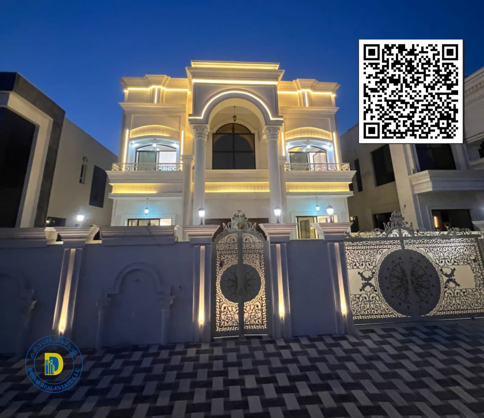 For sale, a classic villa in the Al Alia area of Ajman, a large area, 5 rooms, super deluxe finishing, at a special price, 100% bank financing