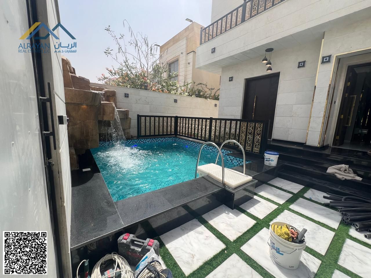 Villa for sale in Al Muwaihat 1, Al Tallah Street, 5,000 square feet, consisting of 6 master bedrooms, a suite, a living room, and a swimming pool.