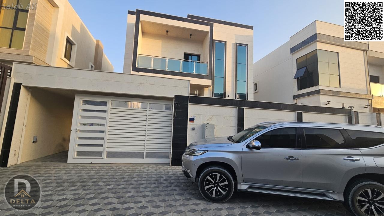 Villa for rent in Al Yasmeen area, Ajman, five master bedrooms, a hall, and a sitting room with air conditioning. The villa is ready for occupancy.