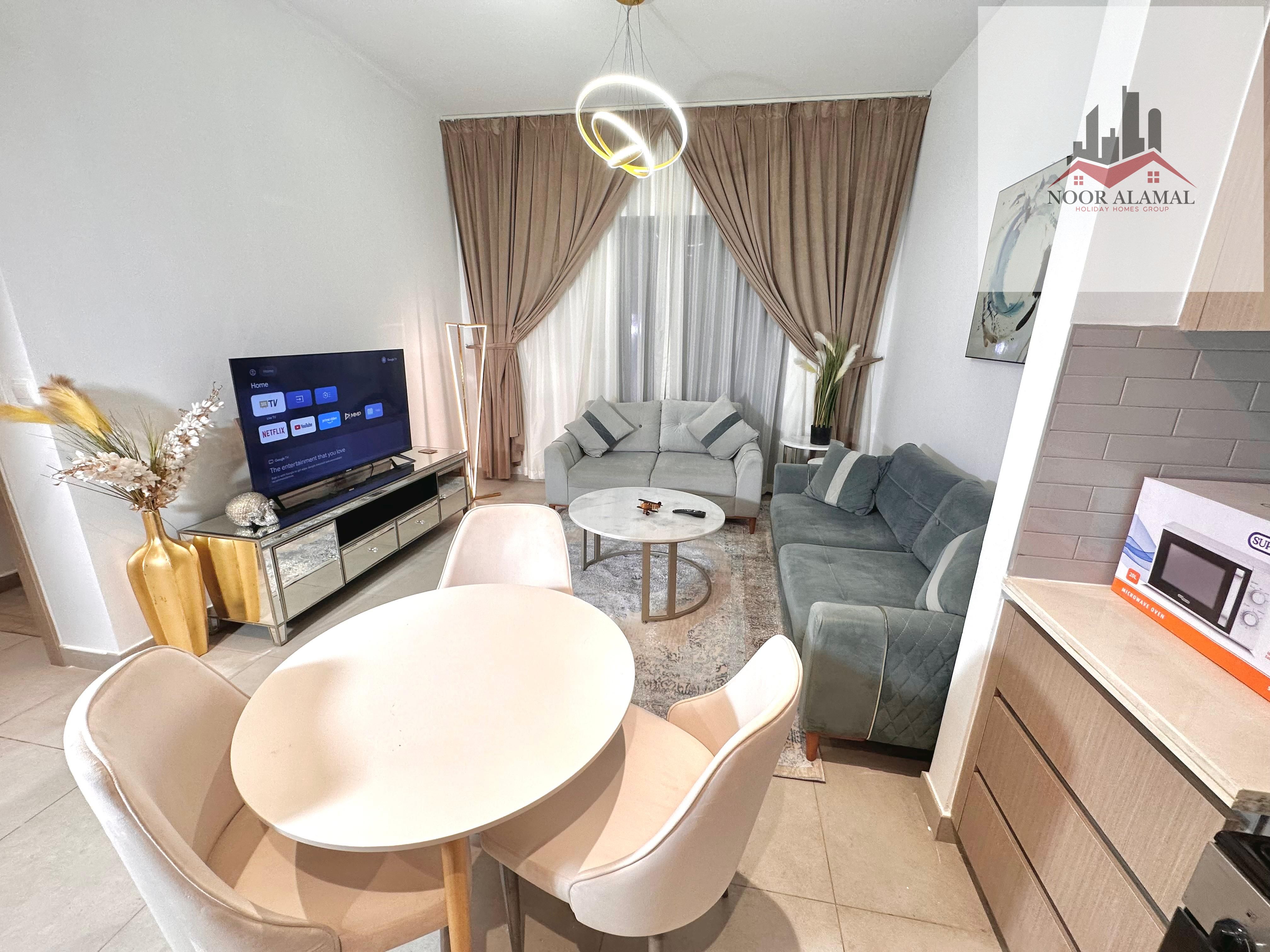 Sharjah, Al Mamzar, Maryam Island, one room and a hall, large area, second residence, hotel furniture, price 7000, including internet, parking, swimmi