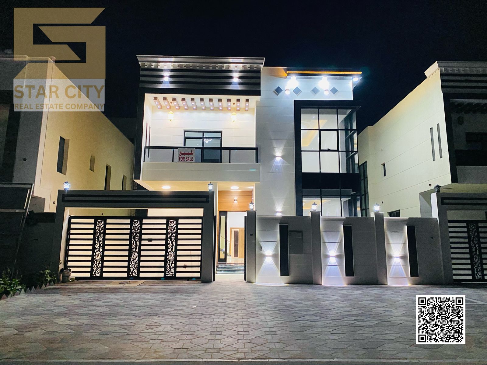 An elegant villa with a modern design that includes 5 spacious master bedrooms with a separate maid’s room, built on a large plot of land with an area