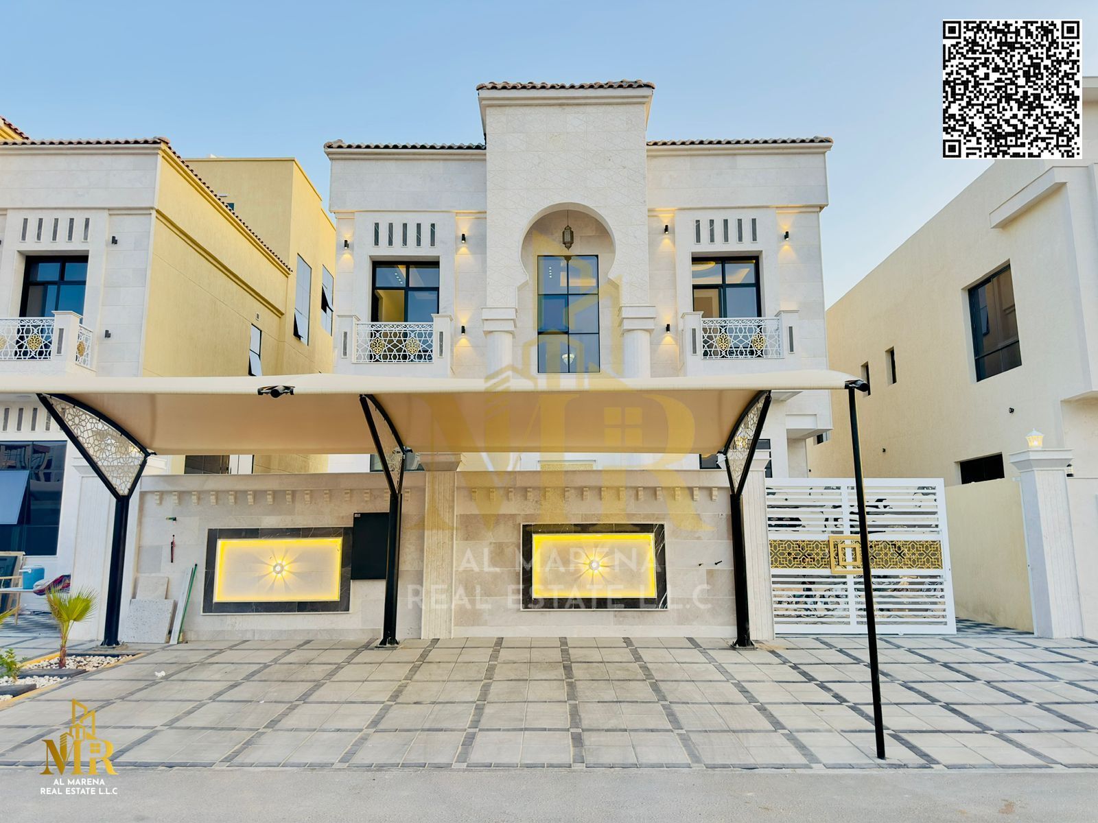 Location: Al Amerah - Ajman Land Area: 3,014 square feet Built-in Area: 3,500 square feet Rooms: 5 master bedrooms Living Room: Majlis and Hall with L