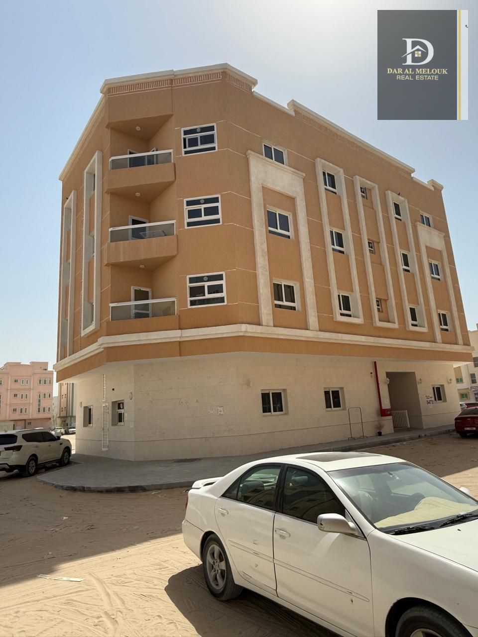 For sale in Sharjah, Muwailih area, a building on 3 streets Ground floor + 3 floors Fifth plot from schools Land area: 3,846