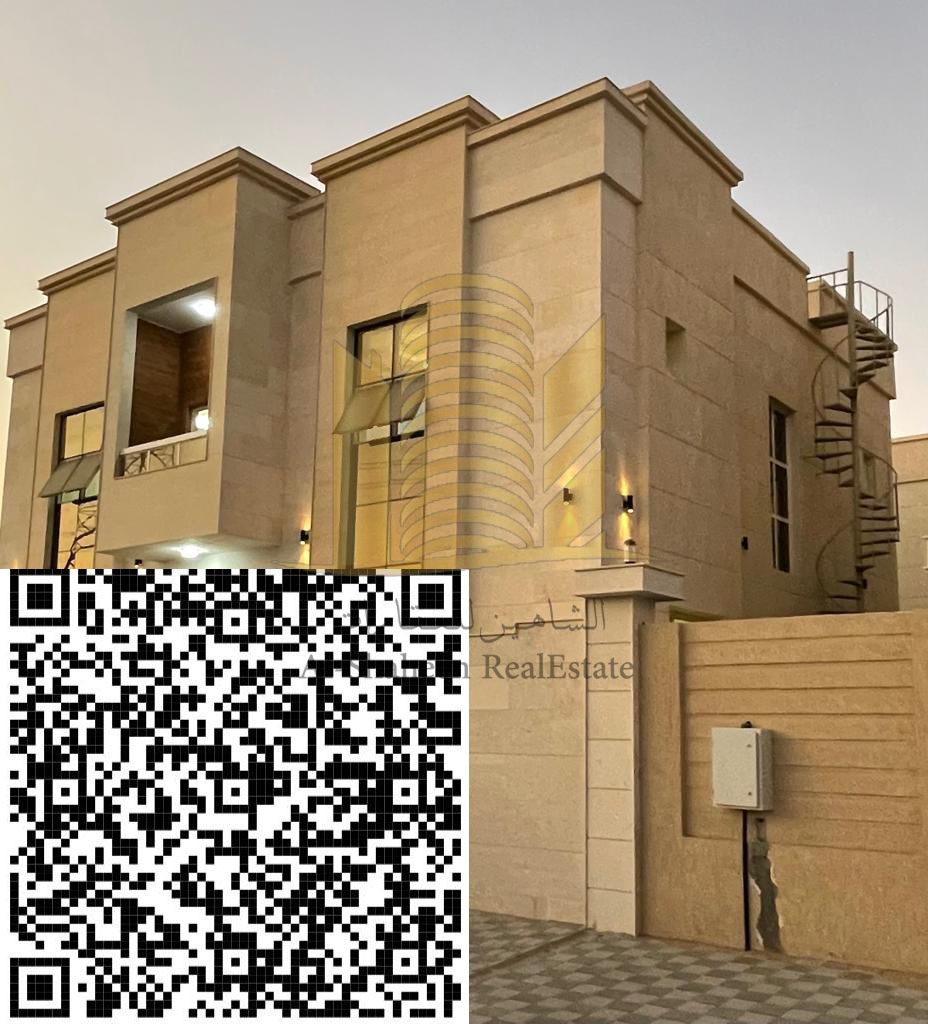 Two-story villa for rent in Ajman 5 large master bedrooms 8 bathrooms Maid's room Kitchen and prep kitchen Majlis and living room Carport Plated in a
