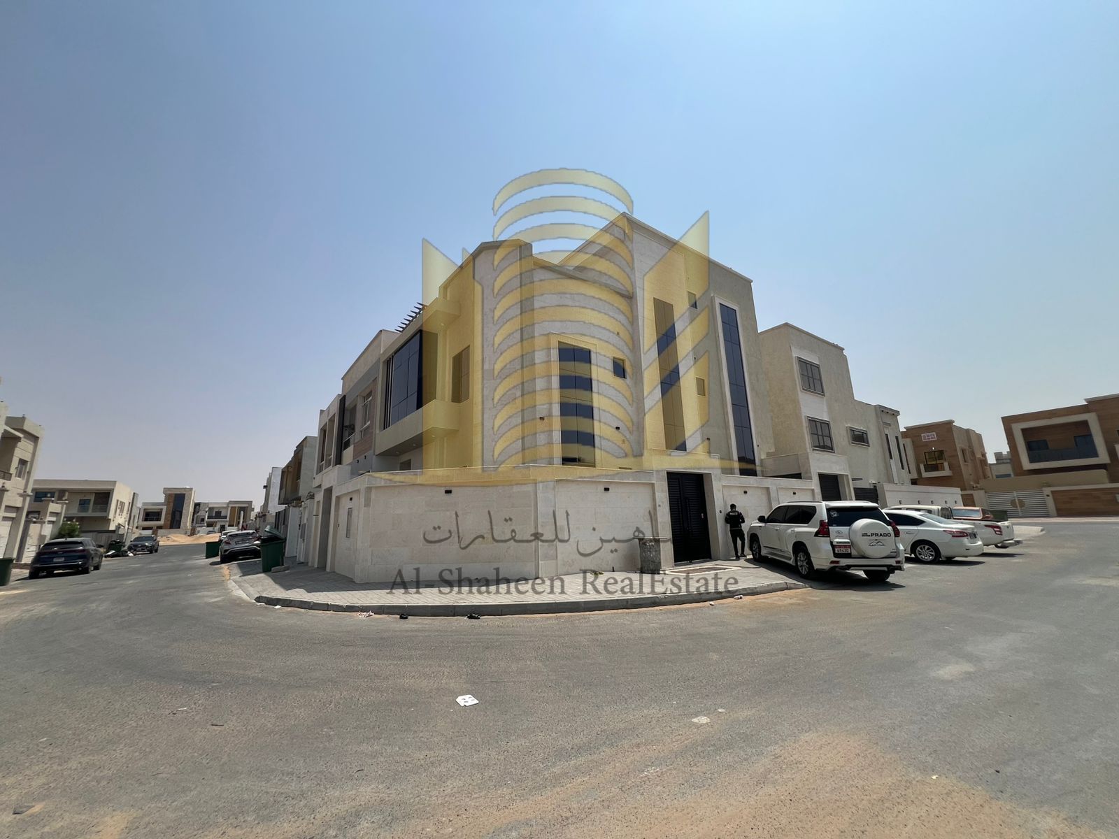 Villa for sale, 3 floors, Al Zahya area, Ajman, corner of two streets
