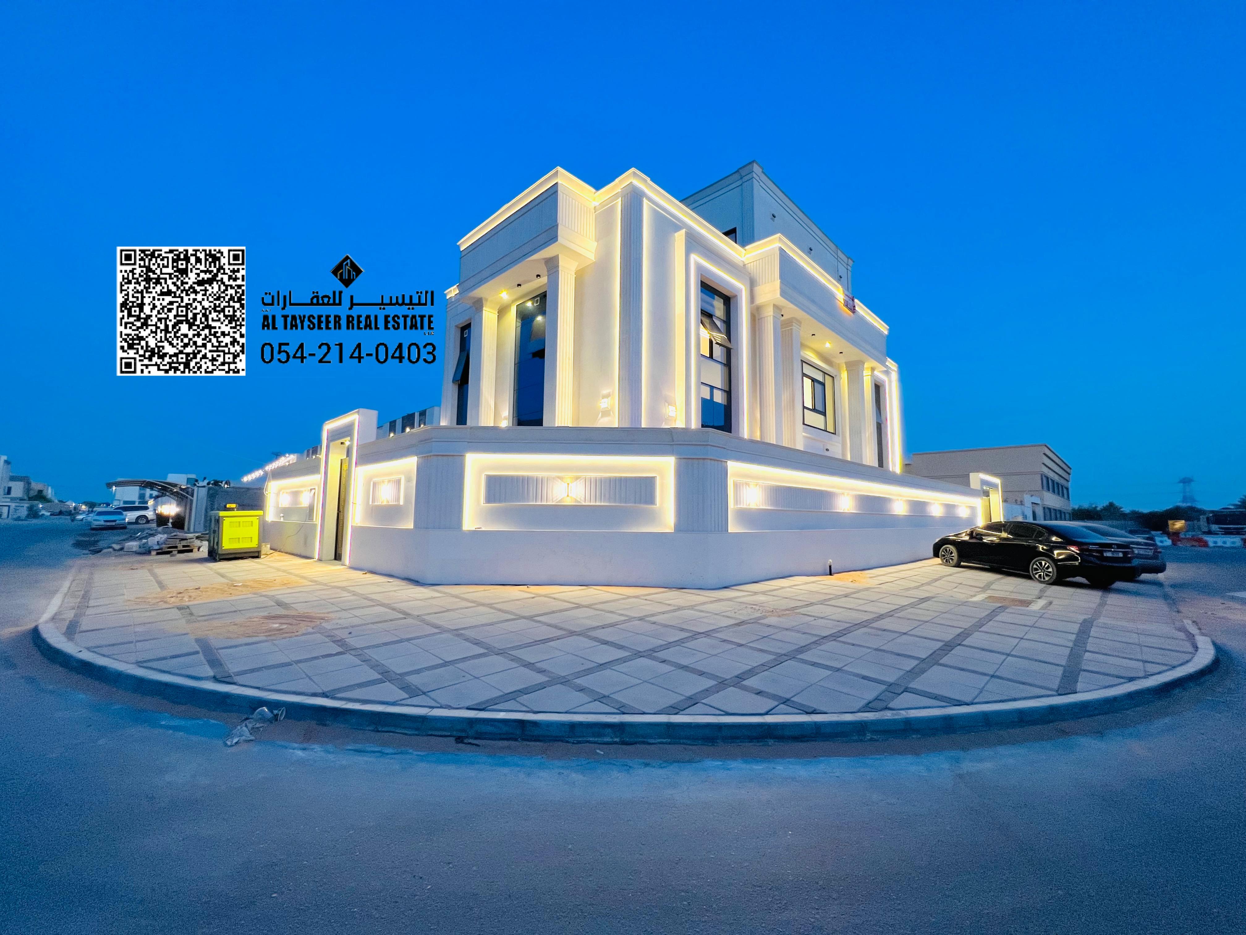 For sale, a corner villa on two streets, with a luxurious, super deluxe, royal finish, in the Al Helio area, the third plot of land from Sheikh Khalif