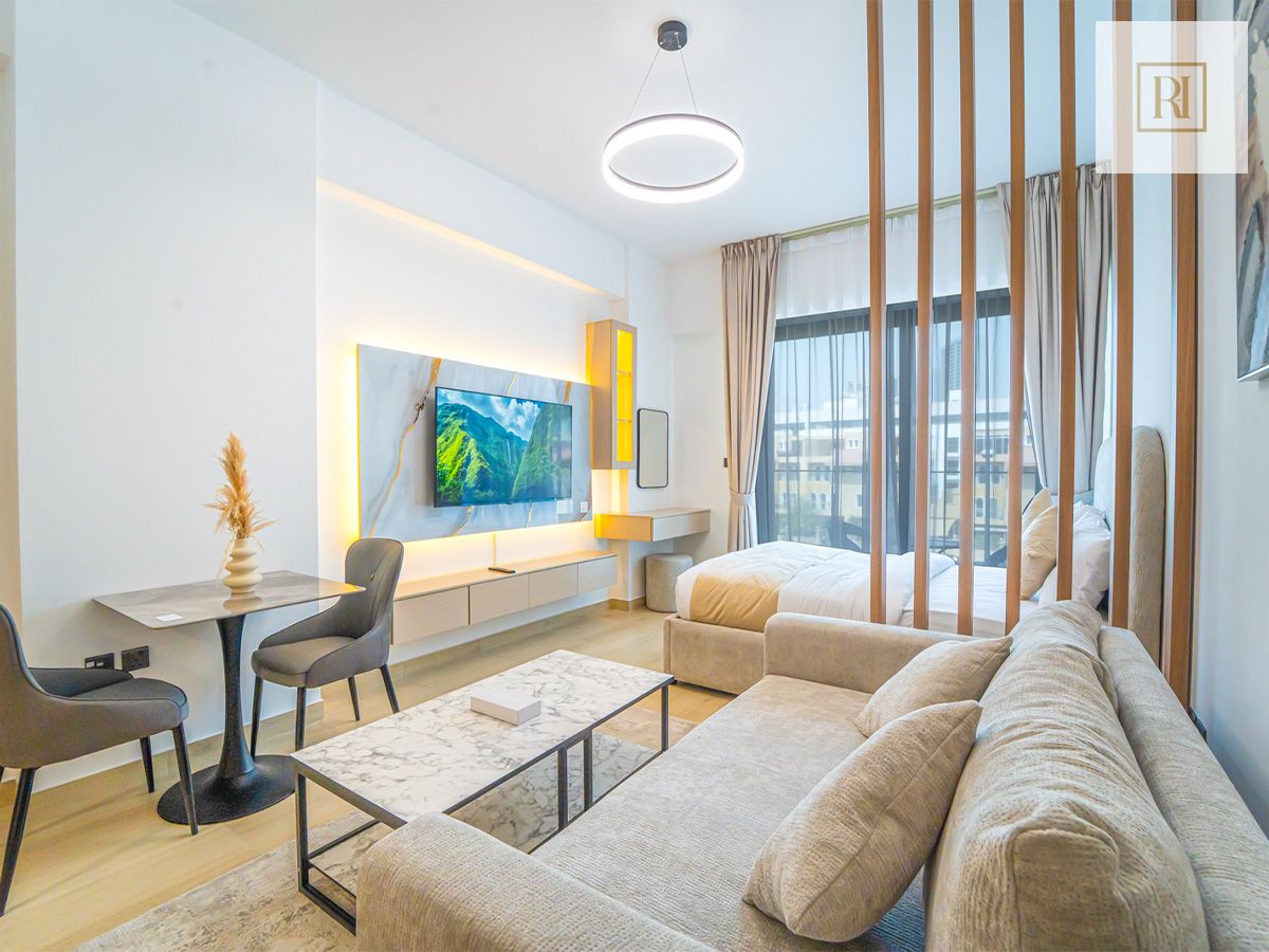 Brand New Modern Studio | Queen Bed & Sofa Bed | Balcony with Green Views | Pool & Gym | JVC