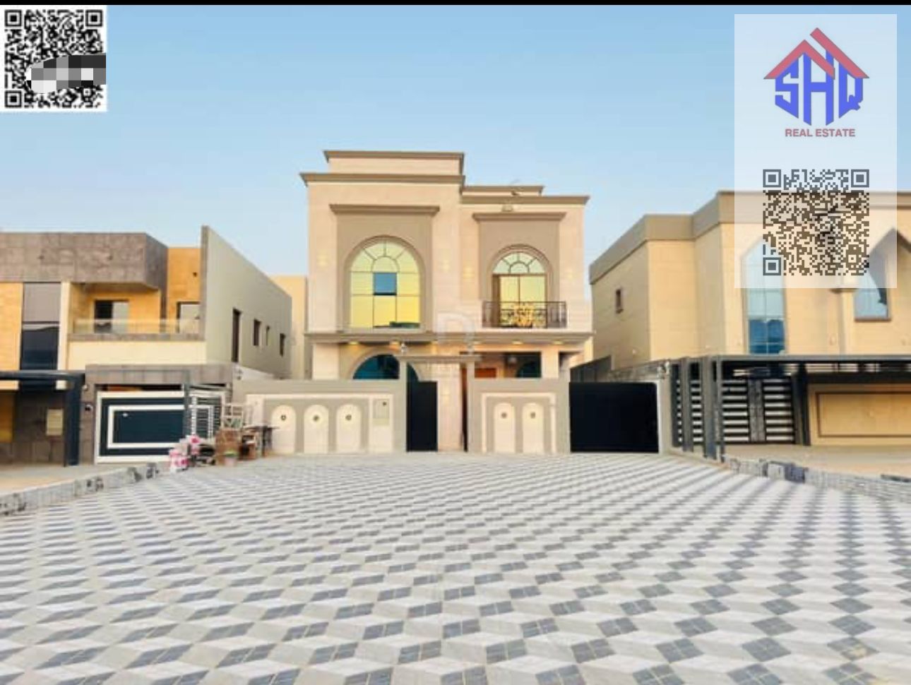 For sale, a ground floor villa + two floors, stone facade with a 25-meter setback, 7 master bedrooms, a majlis with 2 halls and a maid's room
