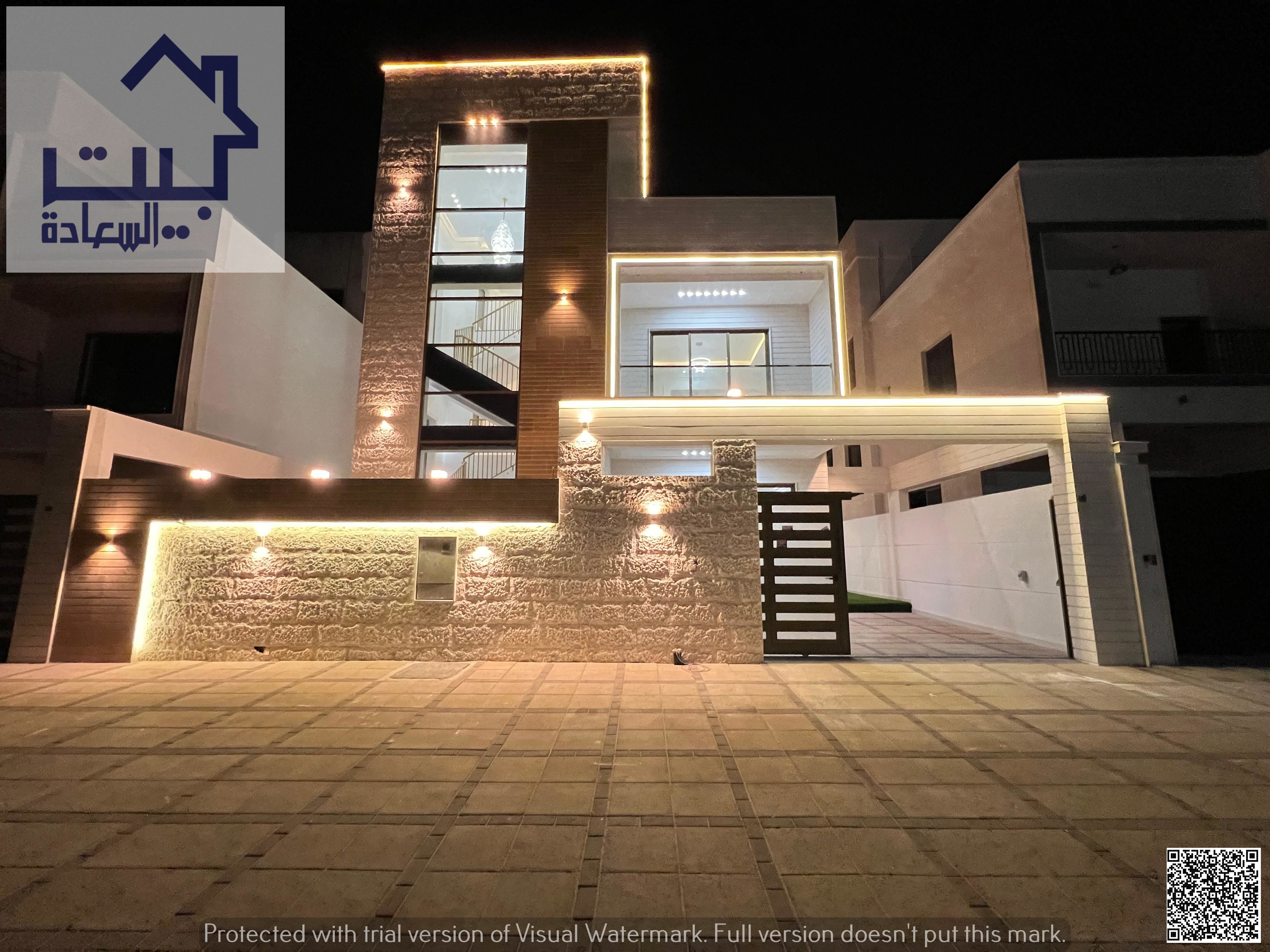 Villa for sale in Al Zahia, Ajman, modern finishes, 6 master bedrooms, 8 bathrooms, built-in wardrobes, and full split air conditioning for the villa.