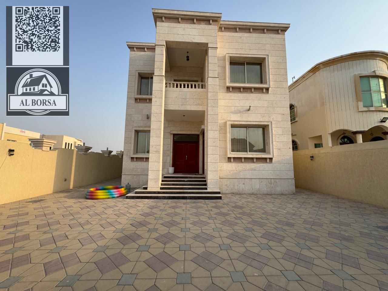For rent, a classic villa in Al Rawda, Ajman, with a modern design and high-end finishes. The villa features spacious living areas and a practical lay