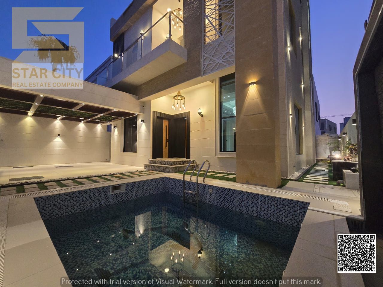 Private pool with waterfall, indoor parking for two cars, garden