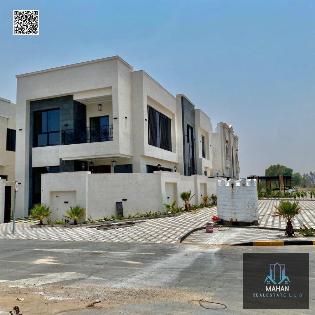 For sale, a new two-storey villa, fully centrally air-conditioned, in Al Zahya, with air conditioners, electricity and water, area 3900 feet, strategi