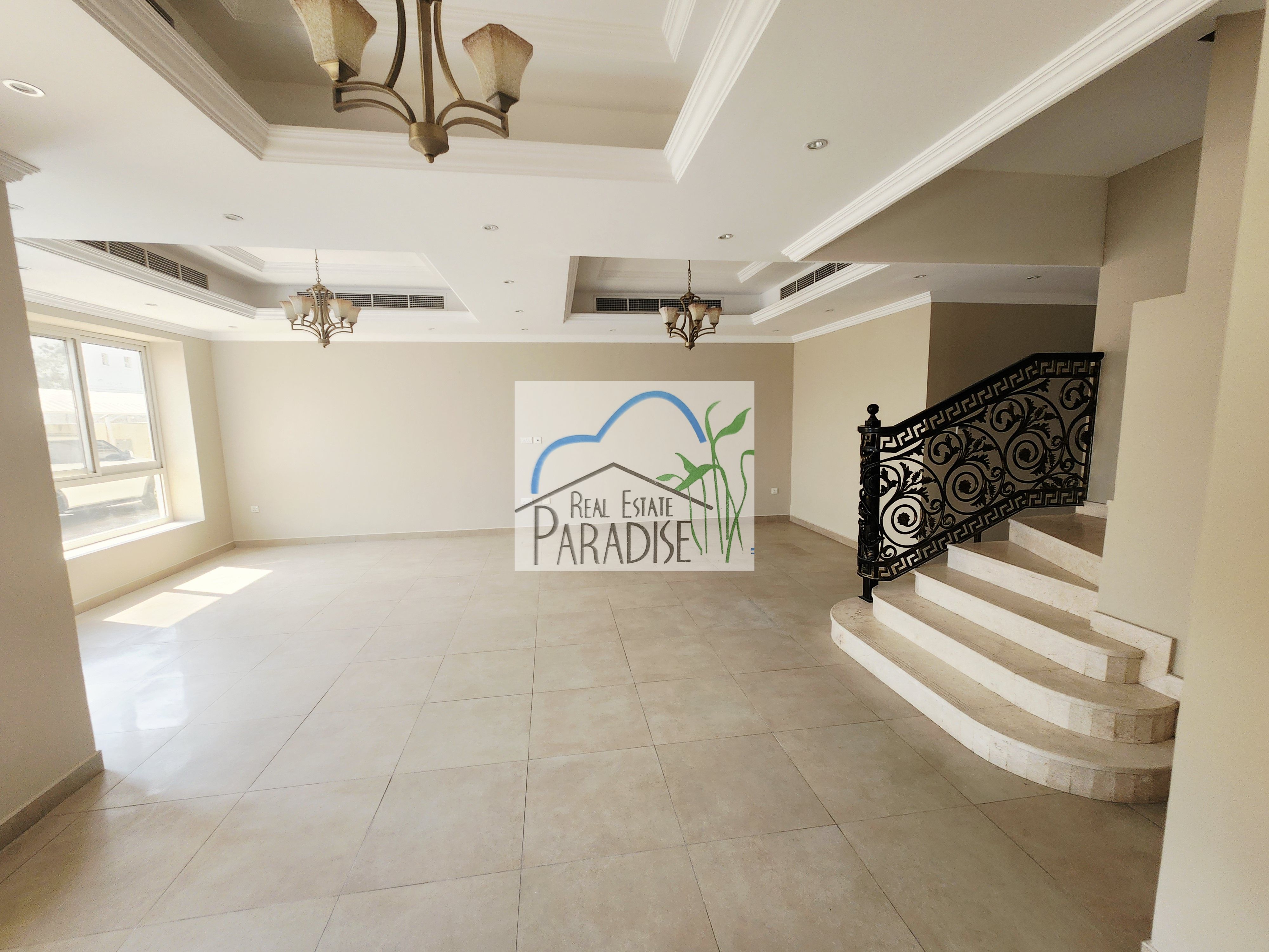 Available modern finish new 4 bedroom 2 master bedrooms villa/maids room/store room/laundry space/private back yard covered parking for rent in mirdif