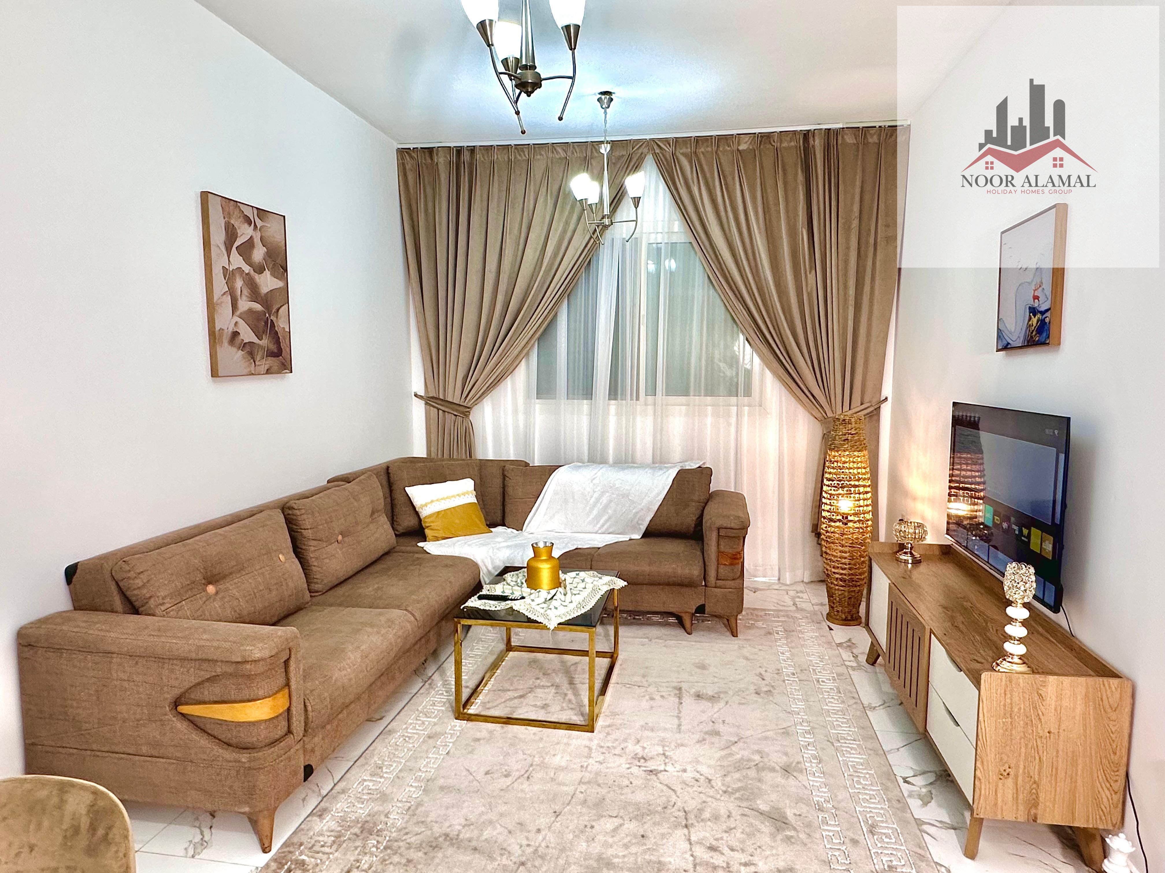 Sharjah, New Muwailih, apartment, one bedroom, hall, kitchen, and two bathrooms. Super deluxe furniture. Price: 5,000, including internet.