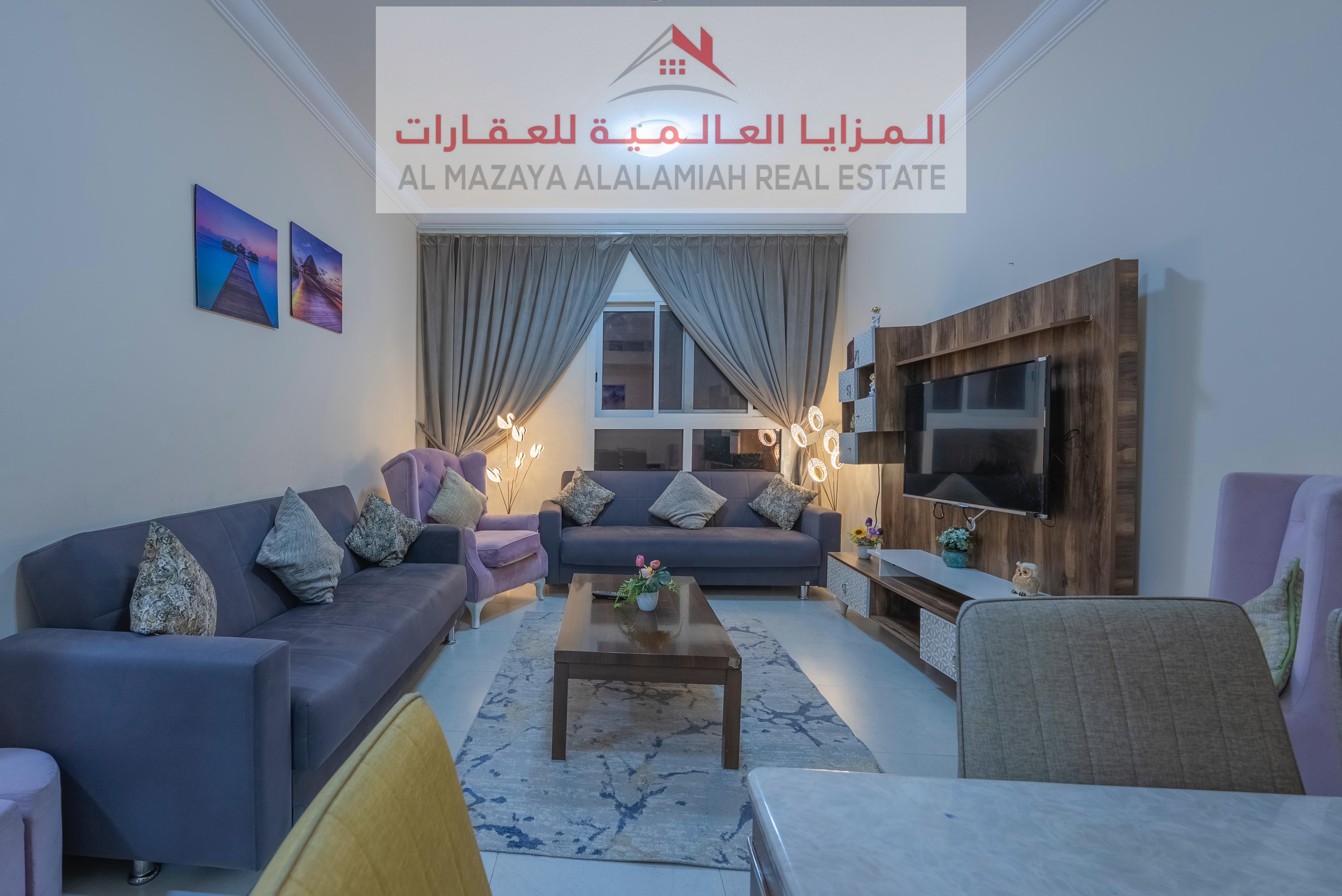 For rent monthly - fully furnished two-room apartment and living room - Sharjah - Al Taawun - with internet