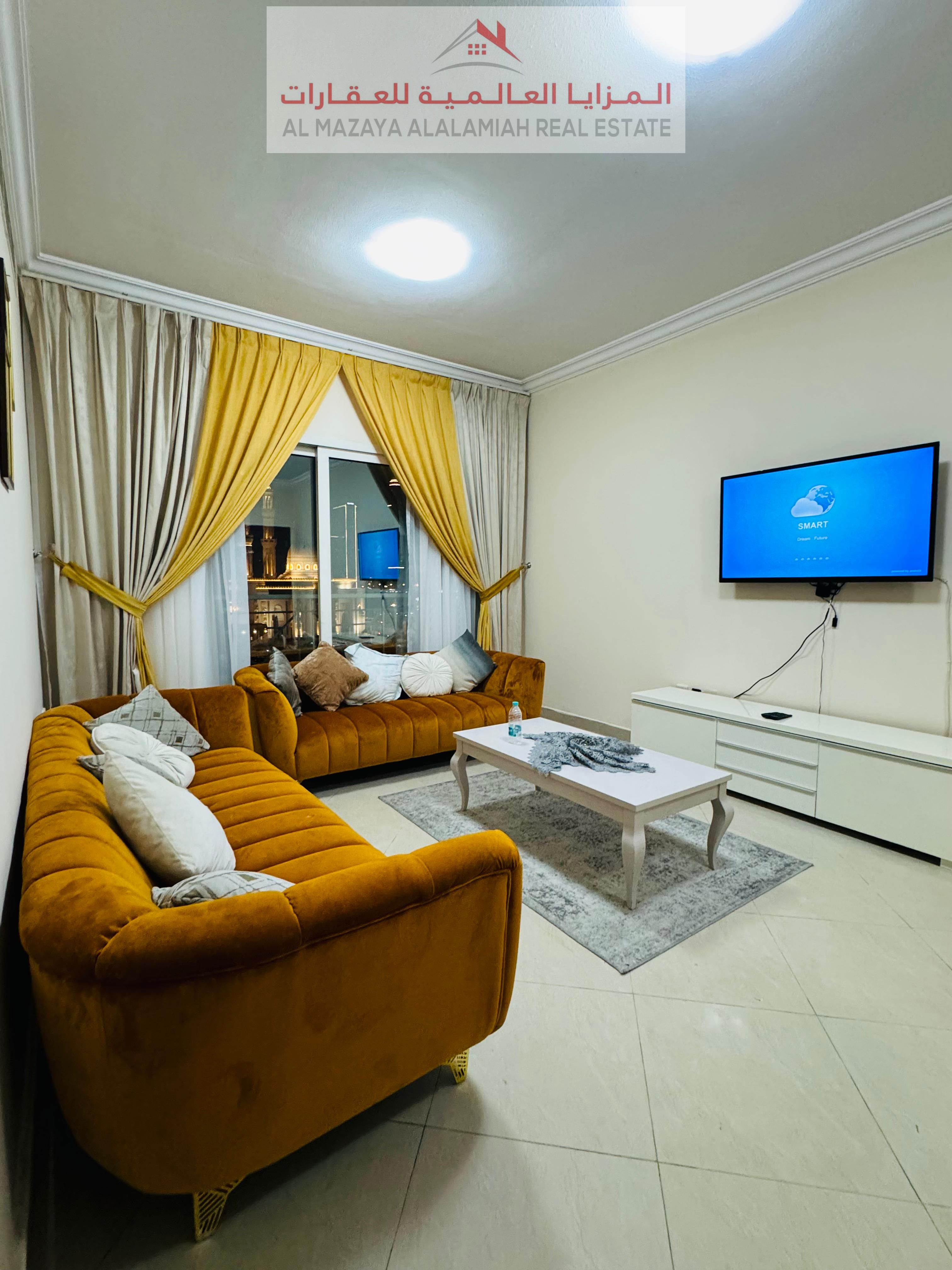 for rent monthly A fully furnished One-bedroom Two-bathroom apartment in Al Majaz