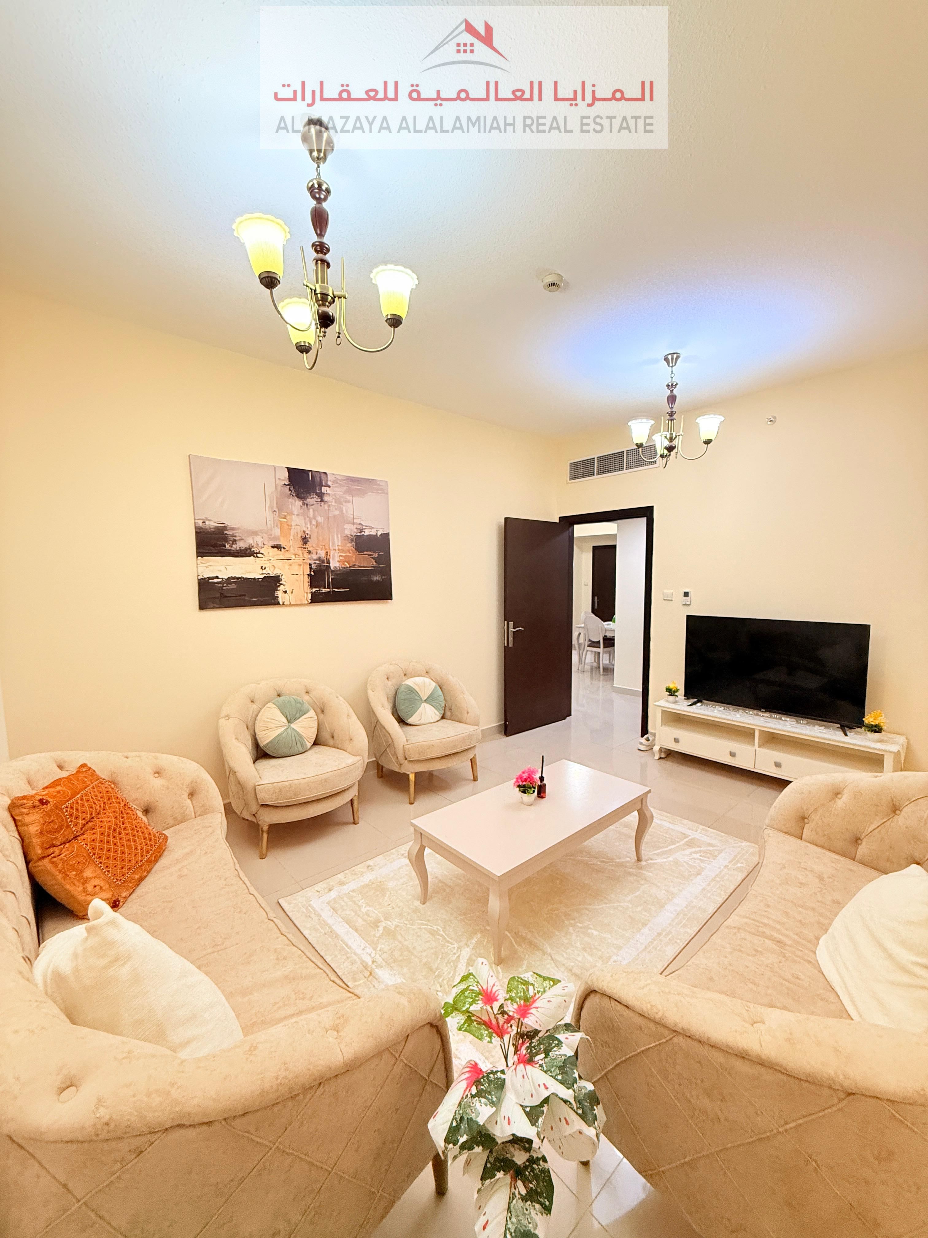 for rent monthly A fully furnished Two-bedroom Two-bathroom apartment in Al Taawun 1