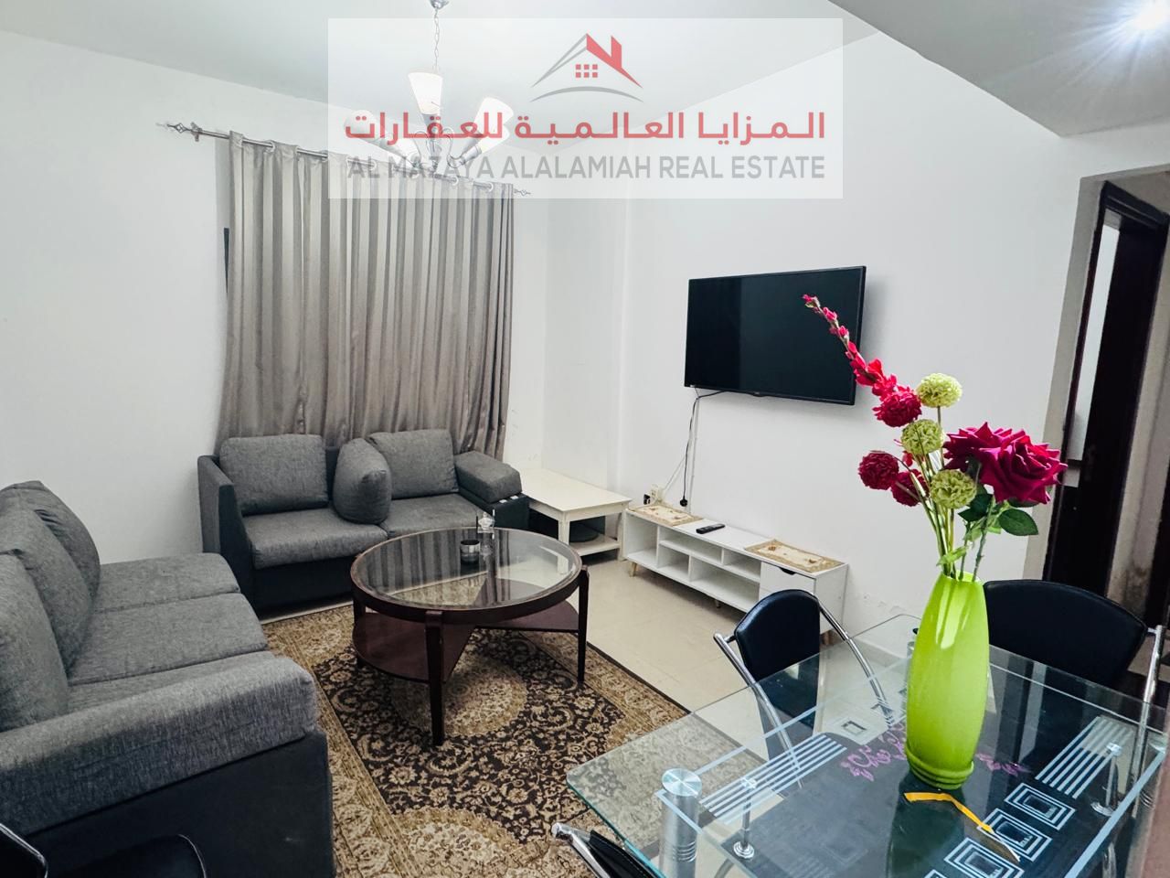 A fully furnished one-bedroom apartment in Al Khan, behind ADNOC Shisha, for monthly rent