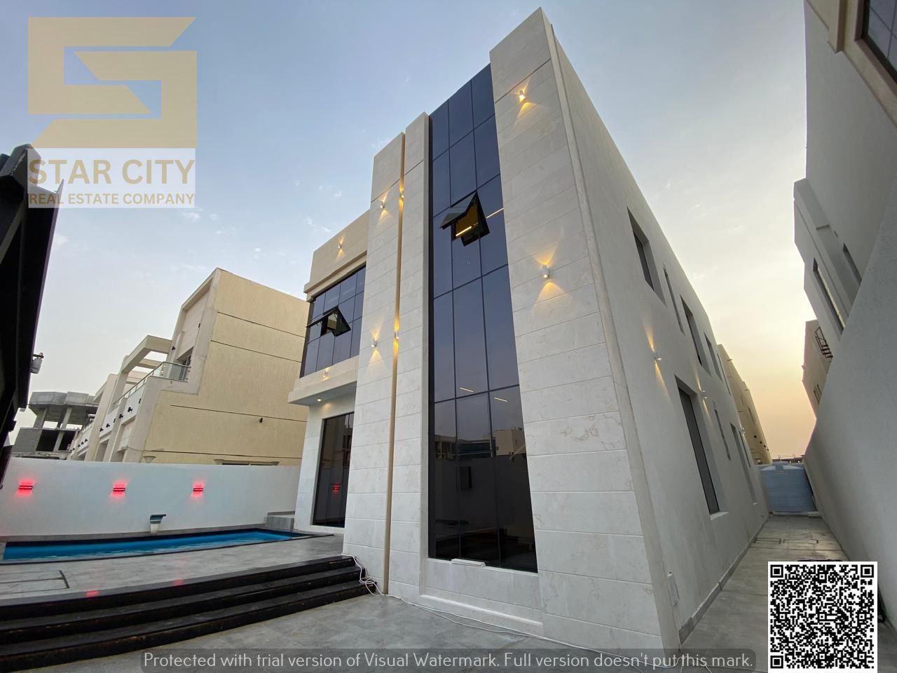 Al Helio 2 area, land area 3,760 feet, building area 3,800 feet, two floors, stone facade, central air conditioning with a swimming pool