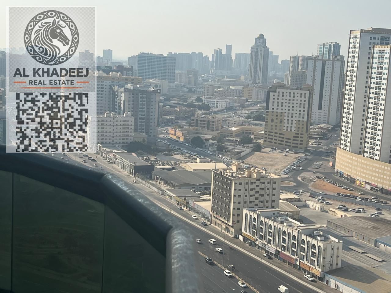 3 rooms and a large hall, unfurnished, with a balcony with different views and open space in Al Nuaimiya 1, Conquer Tower, easy access to Dubai and Sh