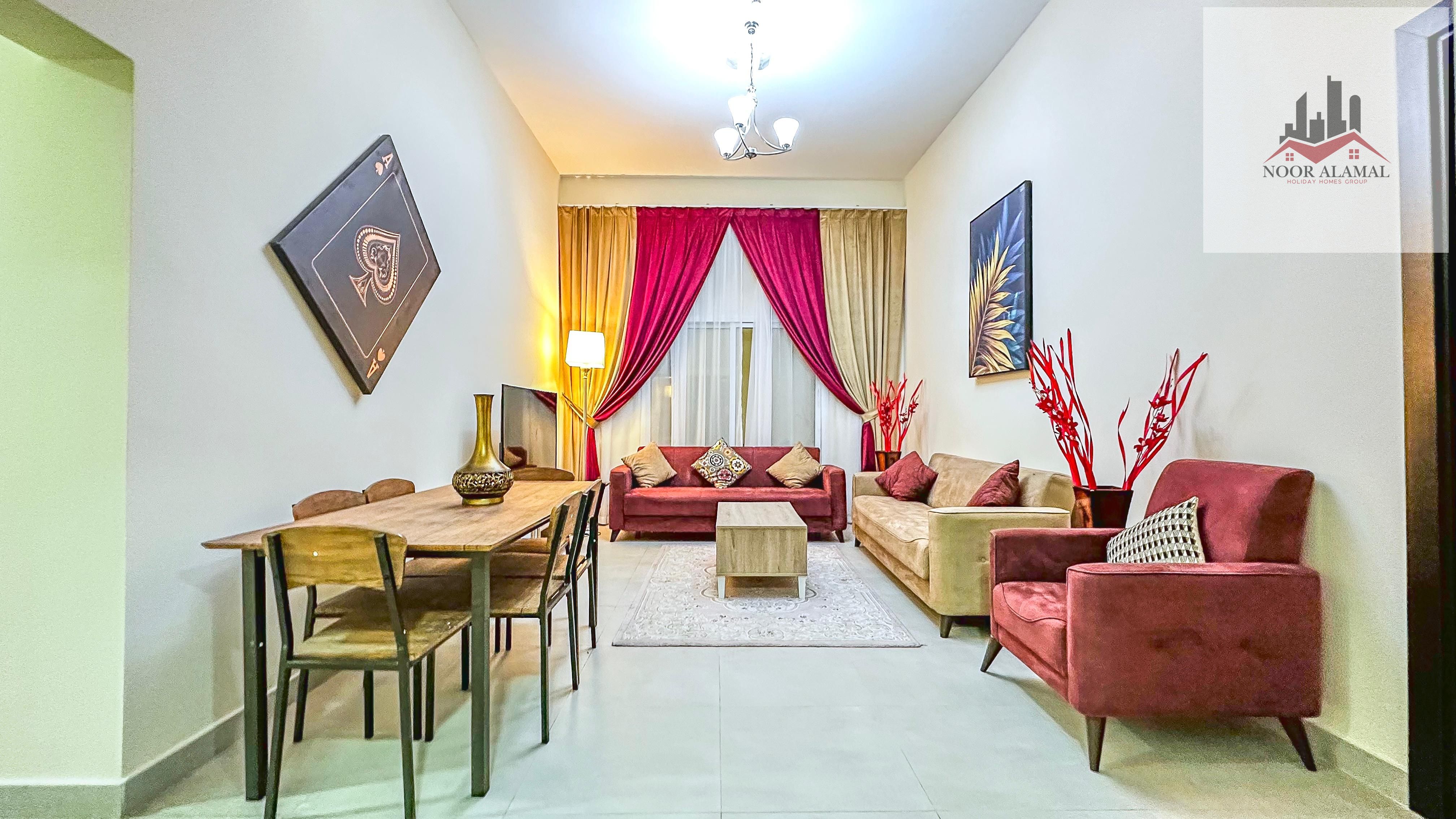 Dubai, Mirdif, opposite Mirdif City Centre, 3 bedrooms, hall, 4 bathrooms, first tenant, fully furnished with hotel furniture, large balcony, and park