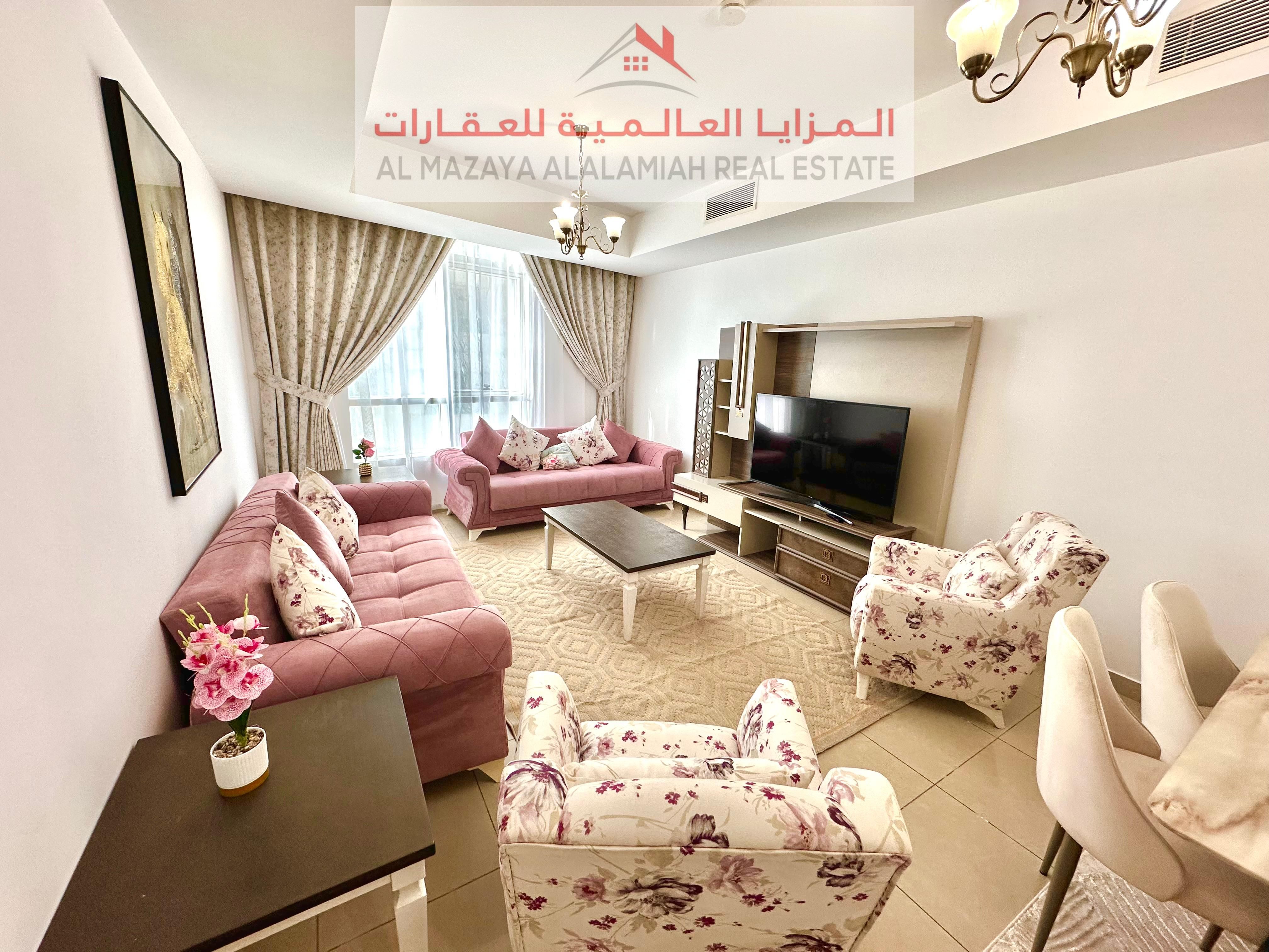 Monthly - Two rooms and a hall - Al Taawun -BEACH TOWER 2- Deluxe furniture - With internet -3 bathrooms