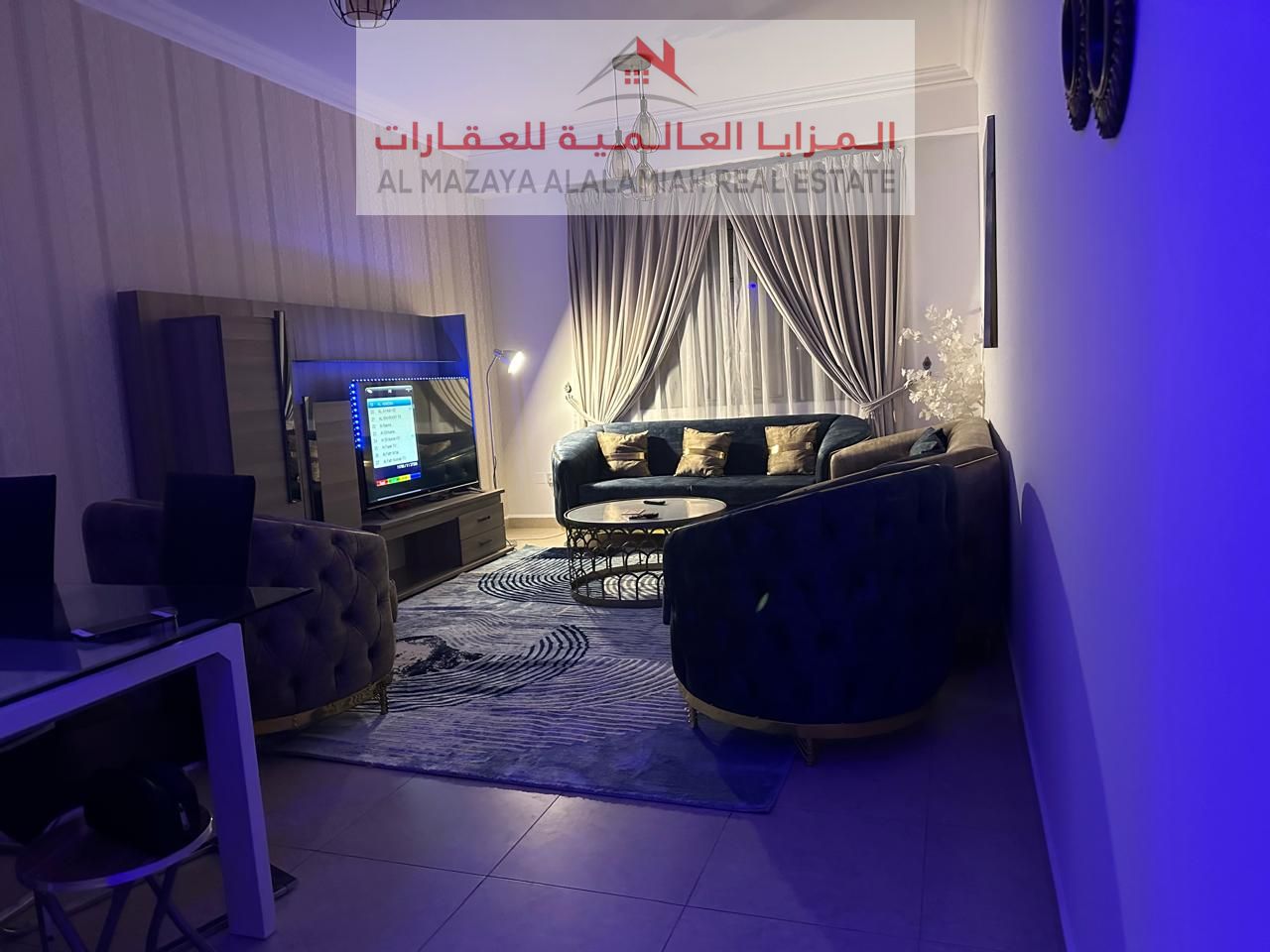 A fully furnished one-bedroom apartment in Al-Taawun for monthly rent with internet