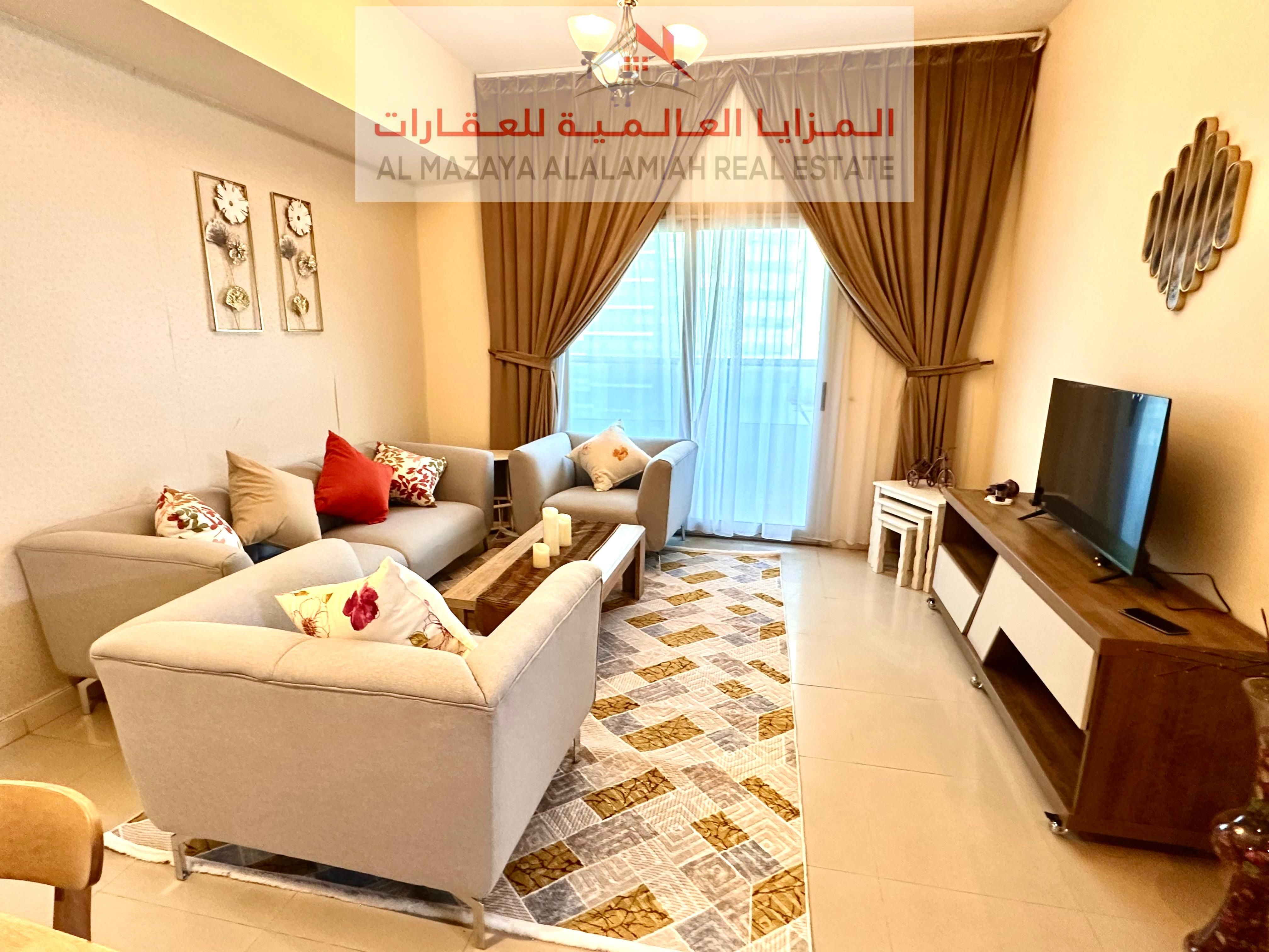 A fully furnished one-bedroom apartment in Al-Taawun for monthly rent with internet
