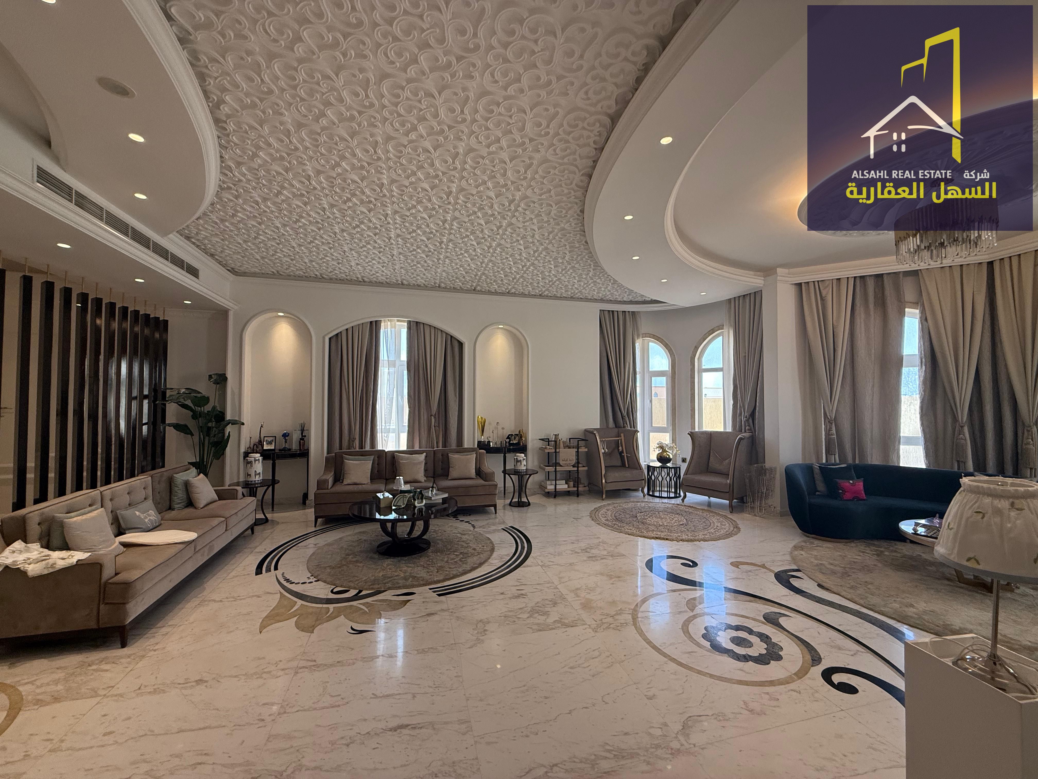 Ahmed Qasim Direct For sale: Luxurious villa with personalized finishes in Al-Siouh suburb - Al-Morada 2 area • Area: • Land area: 12,000 sq ft • Built-up area: 8,000 sq ft • Components: Ground floor: • Large living room • Spacious majlis • Master bedroom