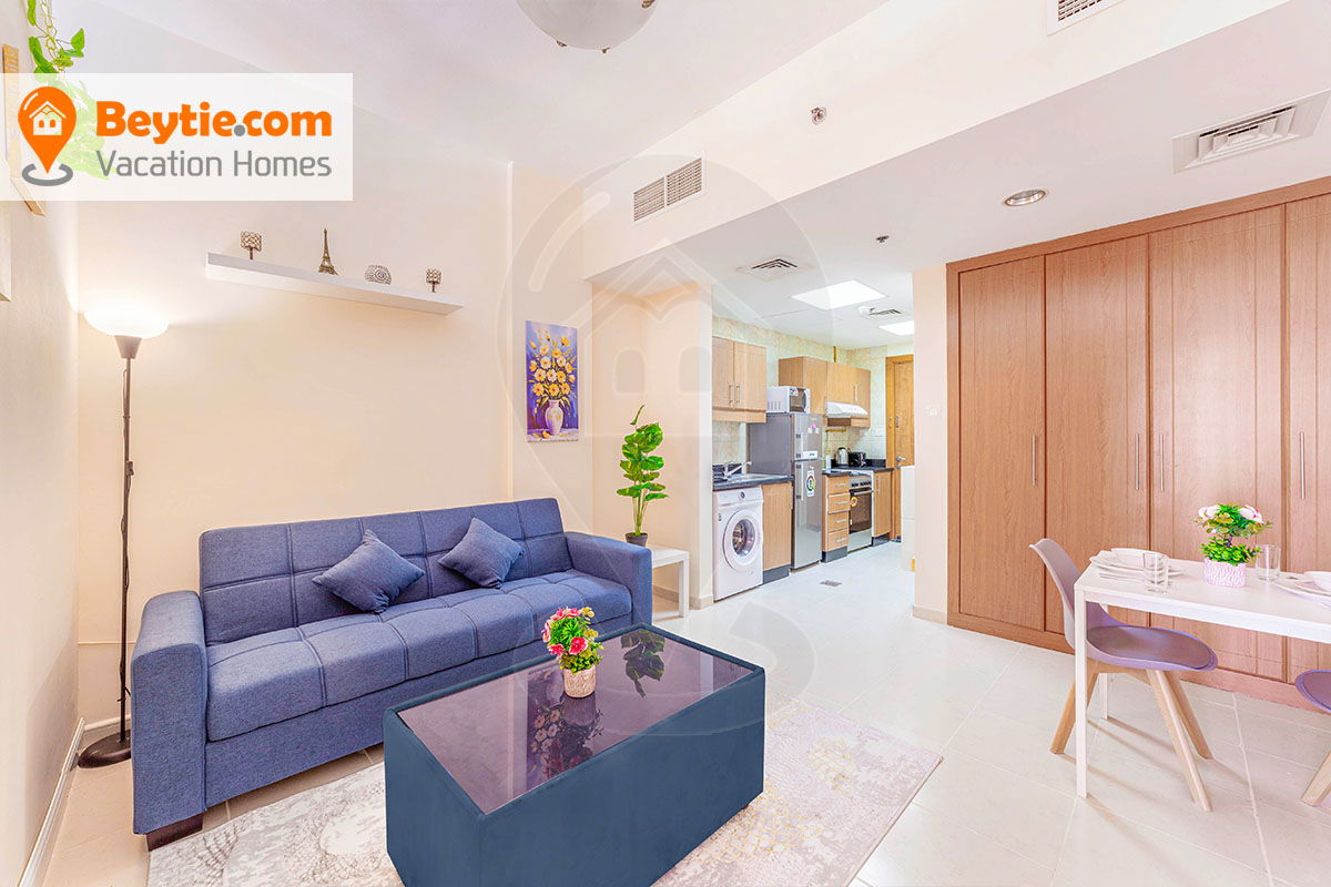 Bright Furnished 1BR with Balcony & Open Views | Arezzo 1, JVC