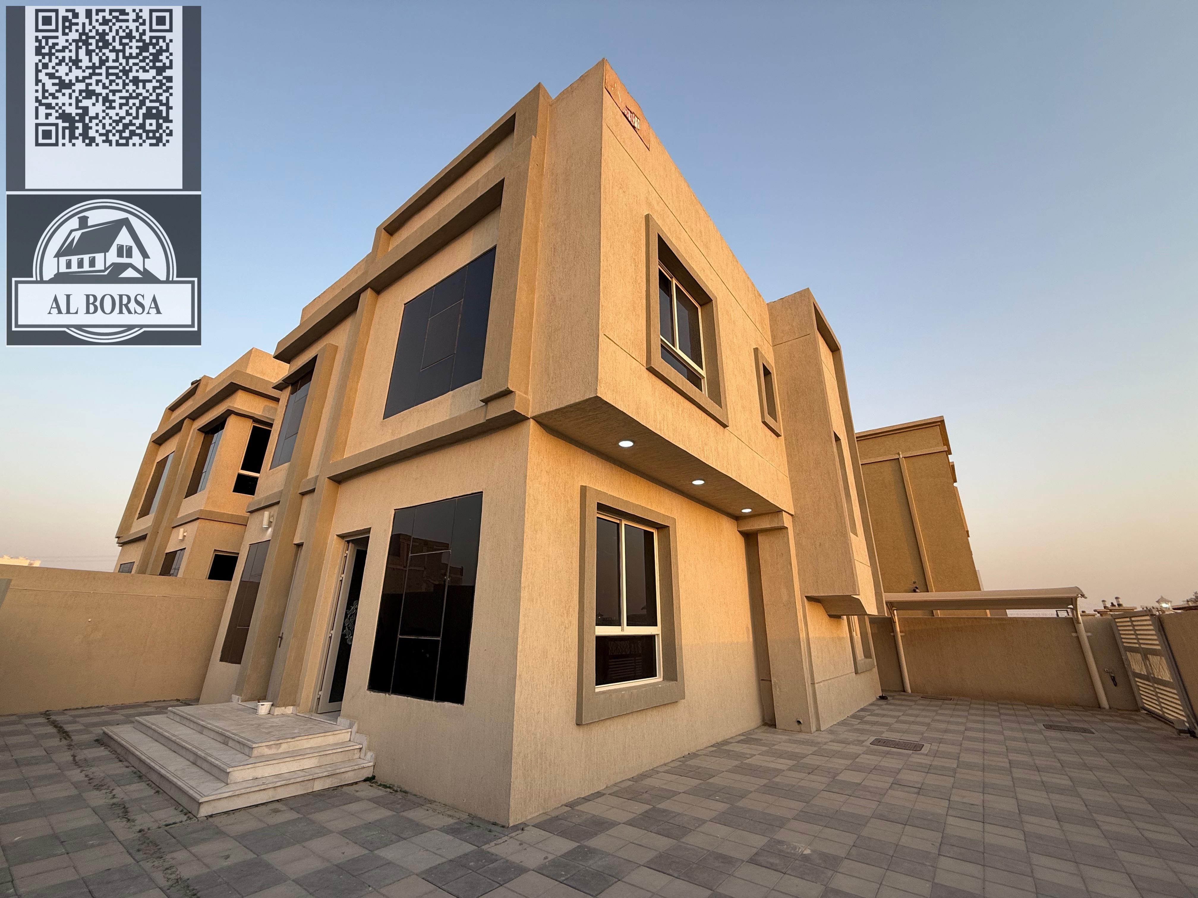 Luxury villa for rent in Ajman - Al Helio area - 5 master bedrooms, a living room, a sitting room, a kitchen, and a maid's room with spacious areas