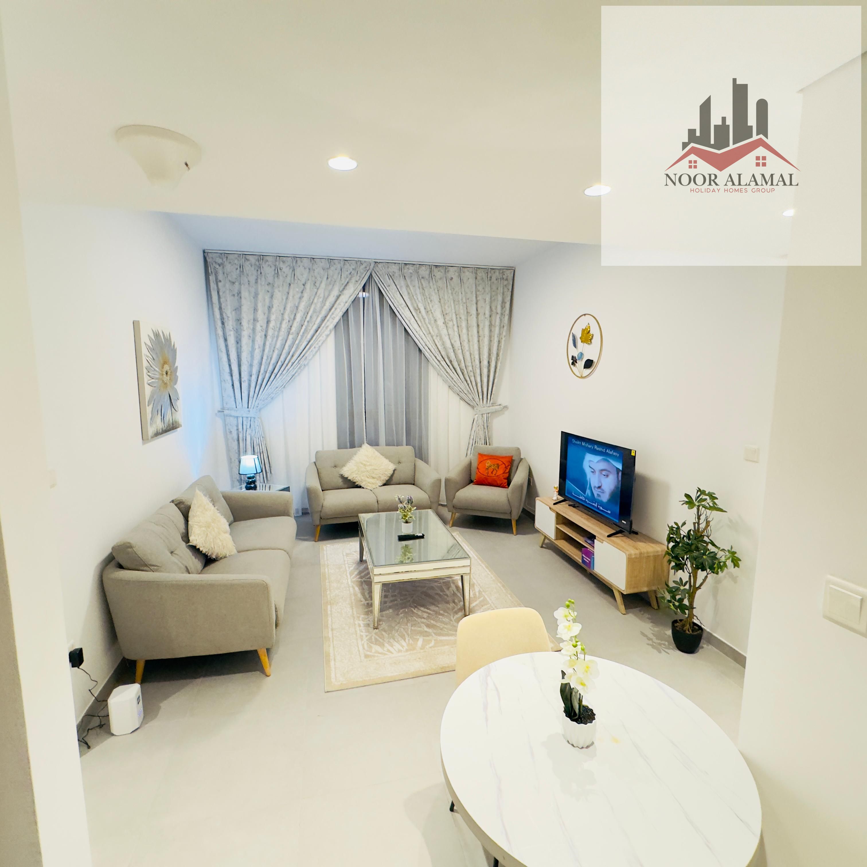 Sharjah Aljada Compound, furnished apartment with hotel furniture, first tenant, one bedroom, hall, kitchen, bathroom, price 7000, including internet,