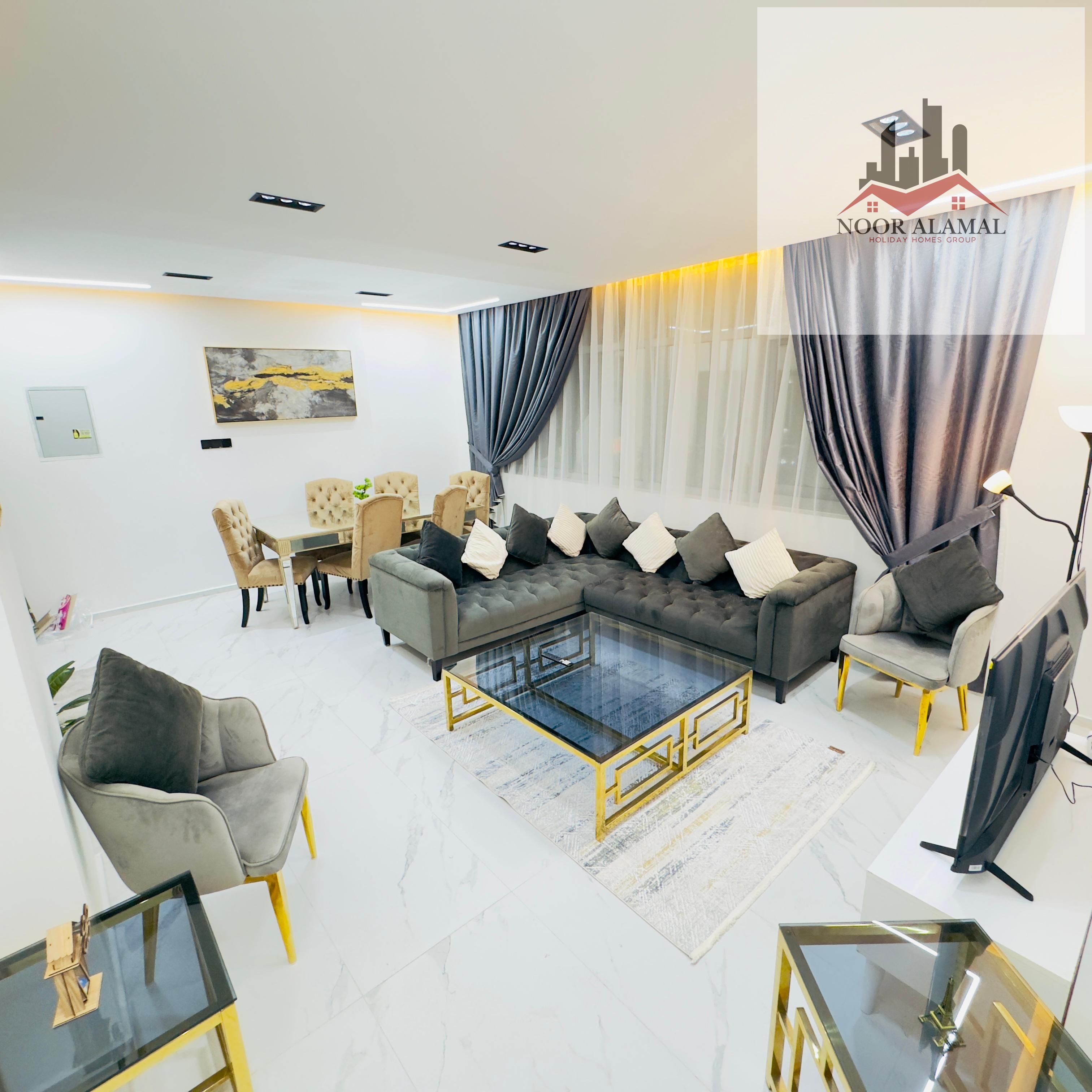 Sharjah Al Taawun next to Afamia Two bedrooms, a hall, and a maid's room Super deluxe furniture, first-class living Price 7,000 including internet onl