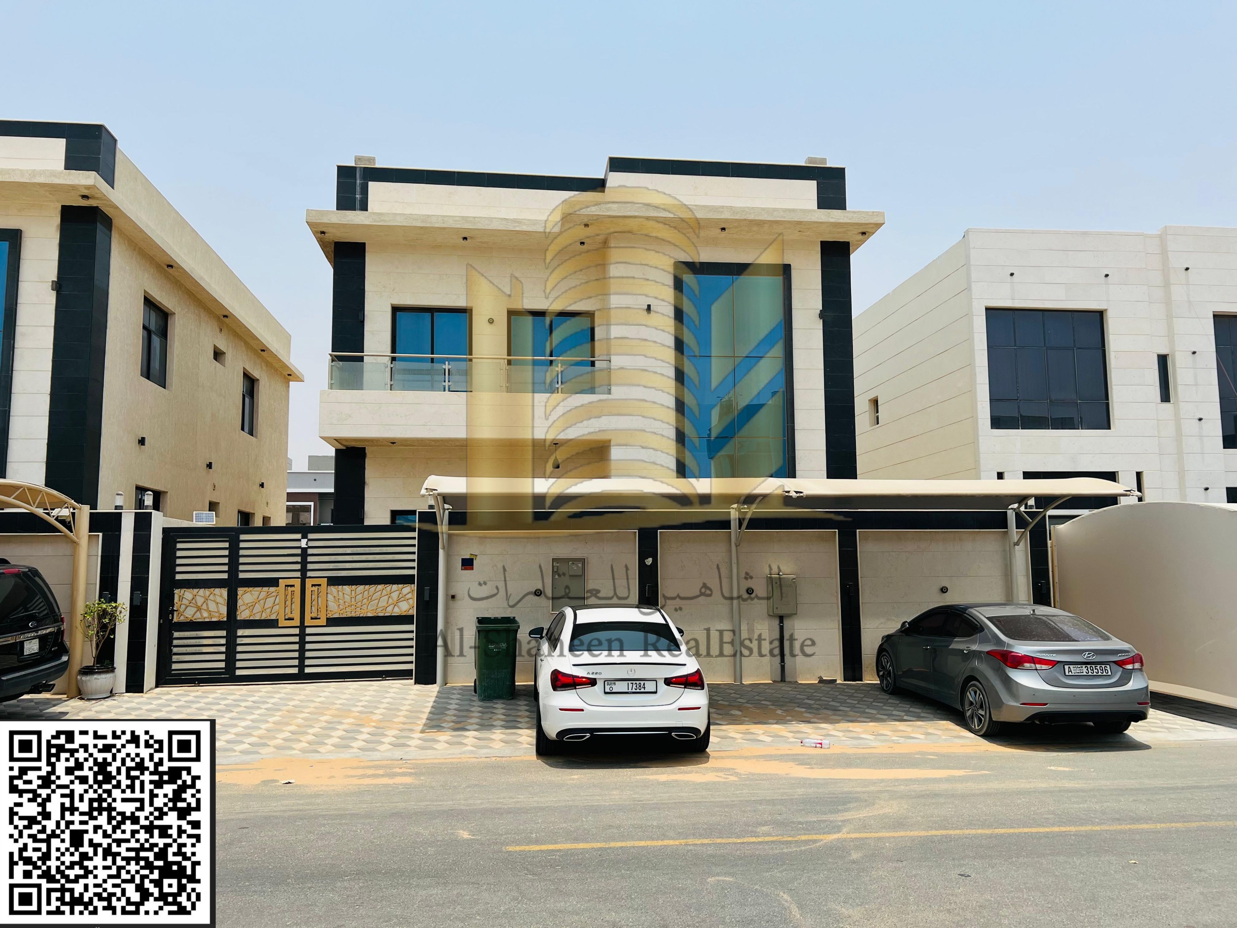 Villa for rent in Ajman, Al Zahia area 5 master bedrooms Majlis, hall, and maid's room New finishes Parking and canopies Annual rent