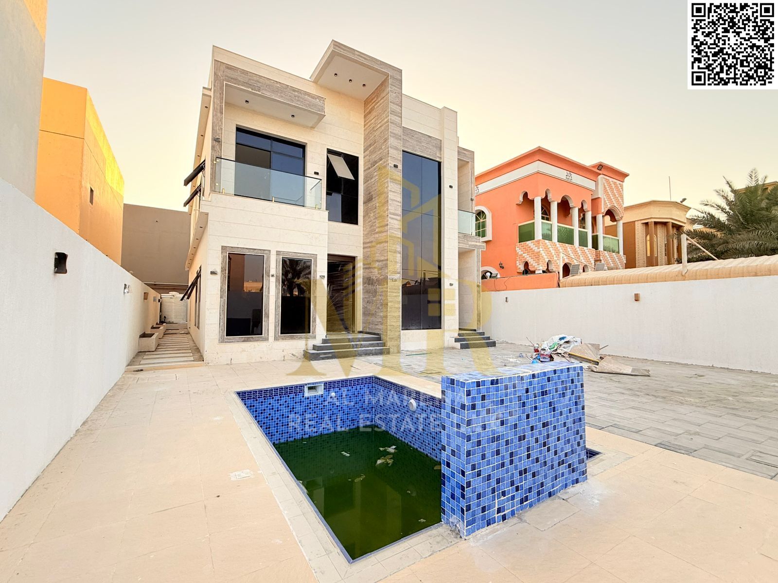 Villa in Rawda 2 behind Shorooq Mall with a swimming pool, price includes water, electricity, and air conditioning. 5 stunning master bedrooms with bu