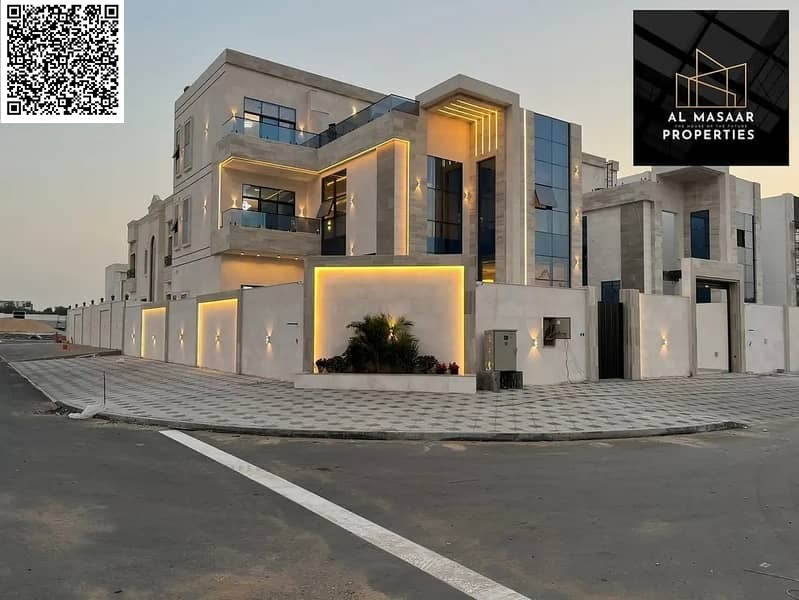 Luxury villa in Al-Haliyo 2 with a swimming pool, rooftop terrace, spacious outdoor seating area, elevator, and elegant design on a corner lot with tw