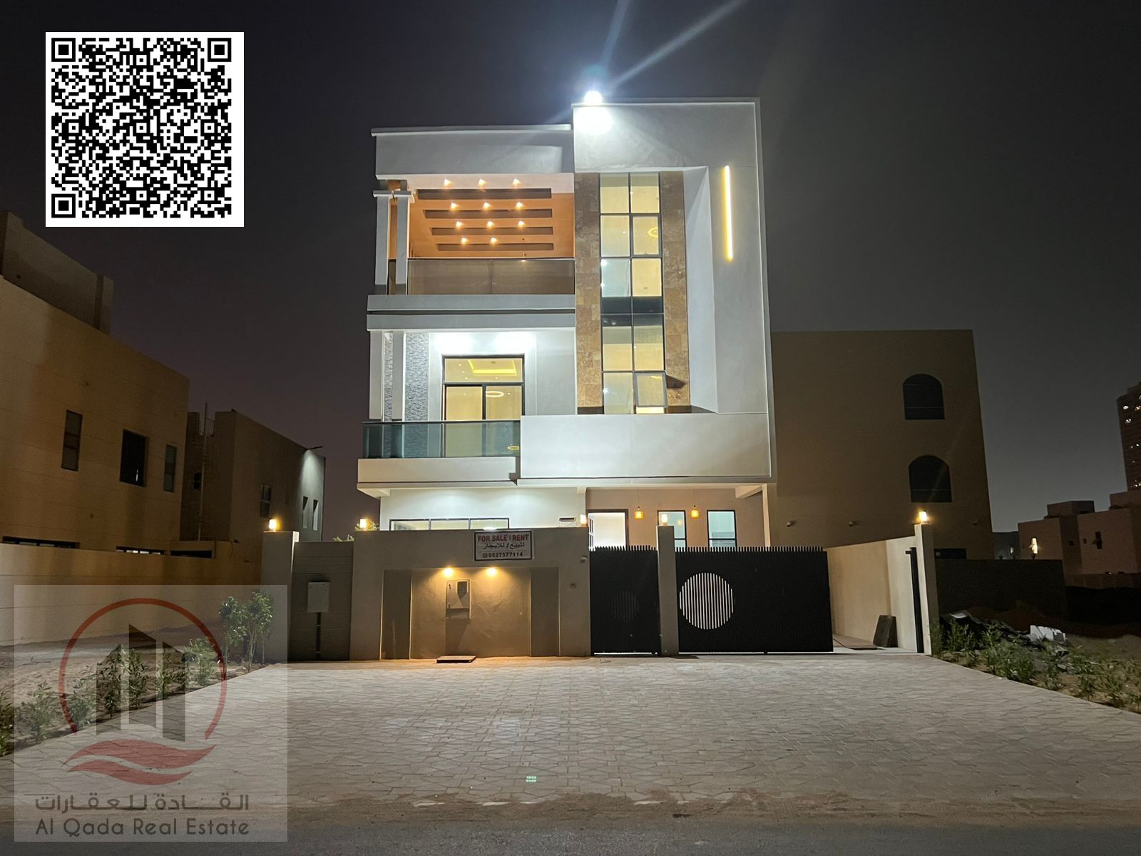 Villa for sale in Al Amrah area, Ajman. Ground floor, first floor, and roof. The villa includes an elevator and features 7 master bedrooms, a majlis (