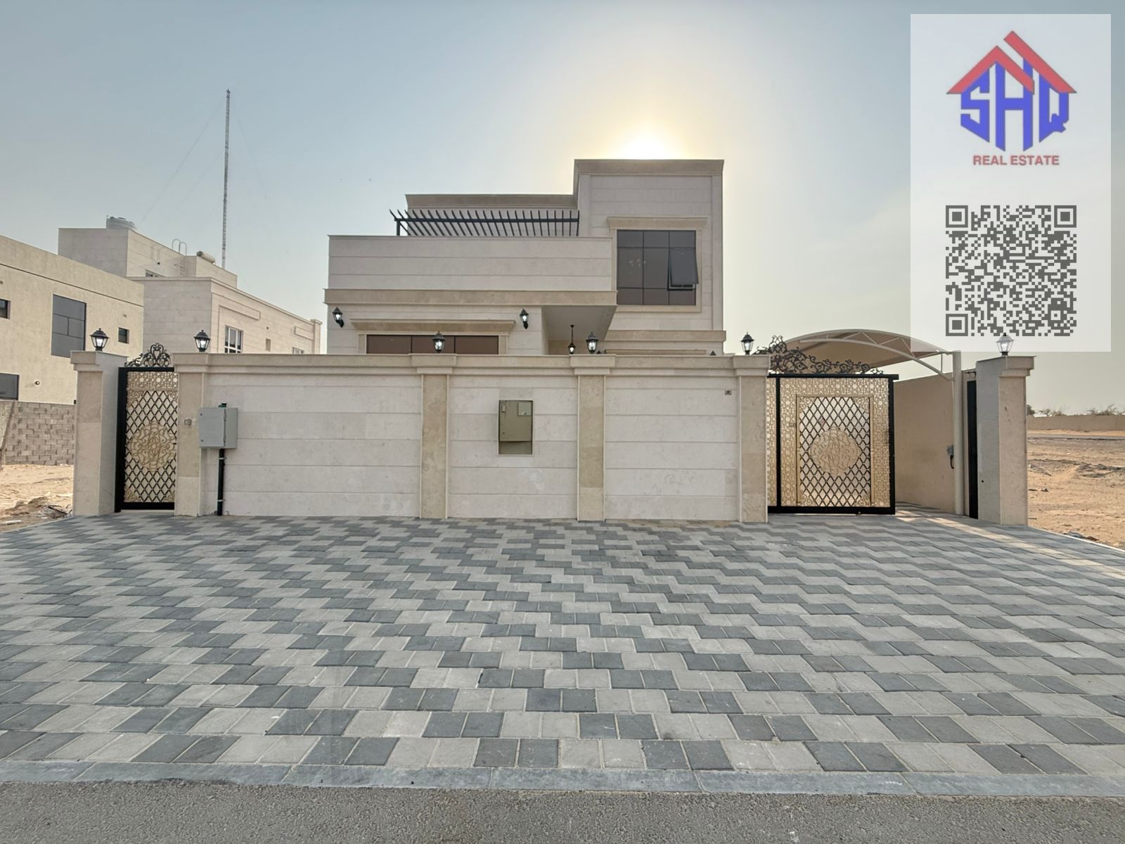 Villa for rent opposite a mosque with dressing room, storage, 4 bedrooms, majlis, living room, maid's room, and outdoor setback.