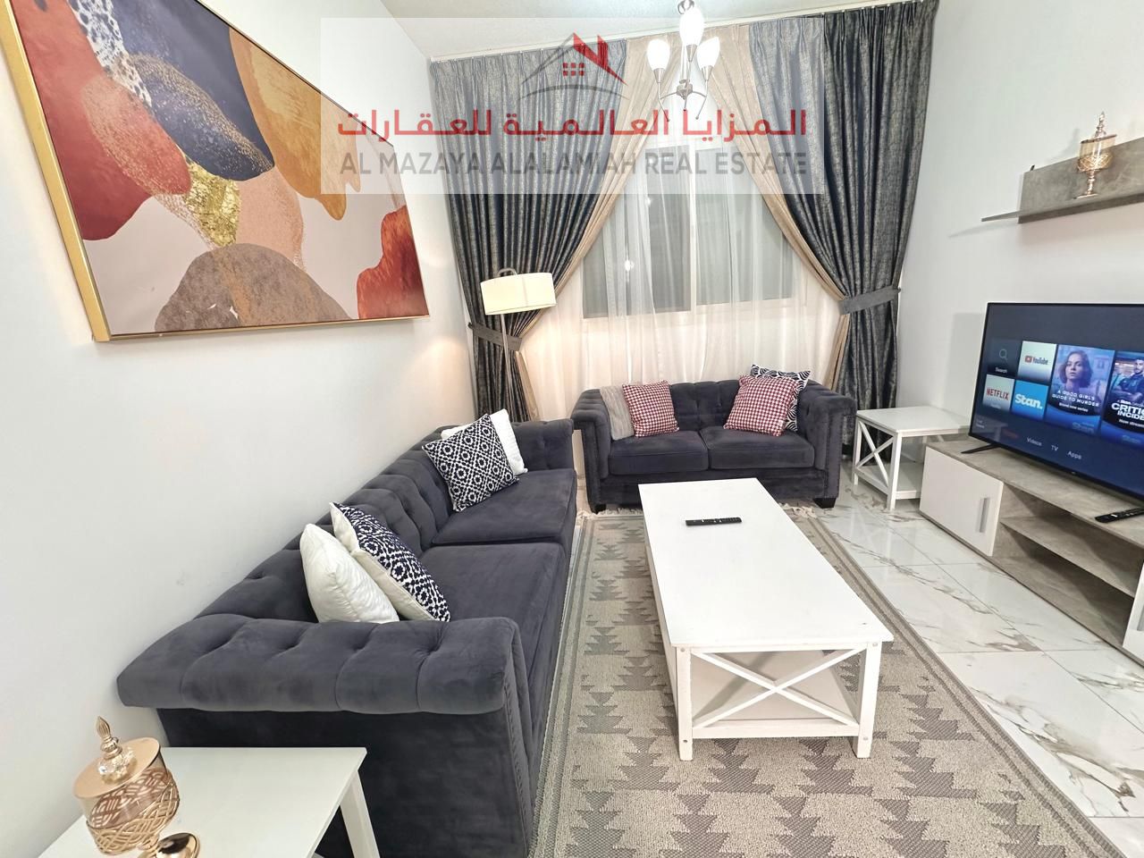 For rent monthly - fully furnished one-bedroom apartment and living room with hotel furniture - Sharjah - Al moyleh- with internet