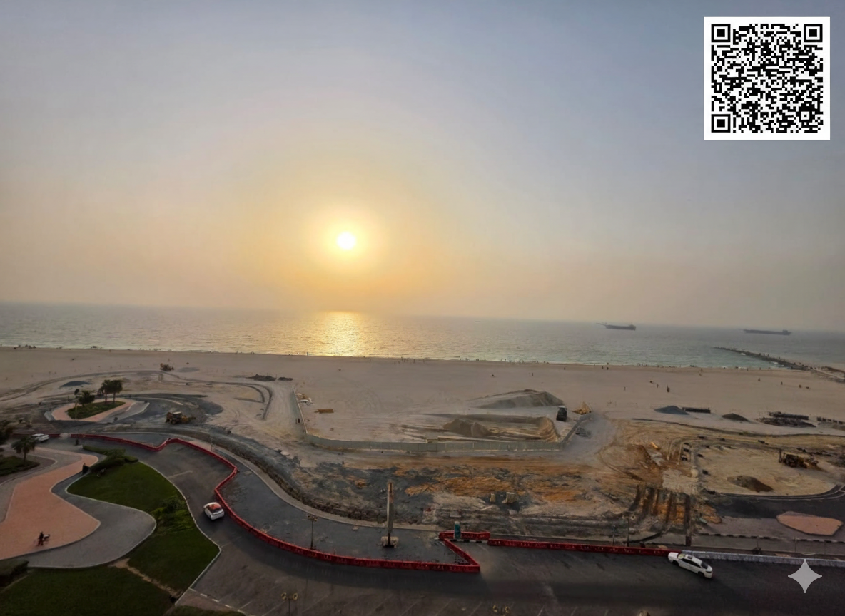 Luxury living starts here! Three bedrooms and a living room (central air conditioning) with a direct sea view of Ajman Corniche.