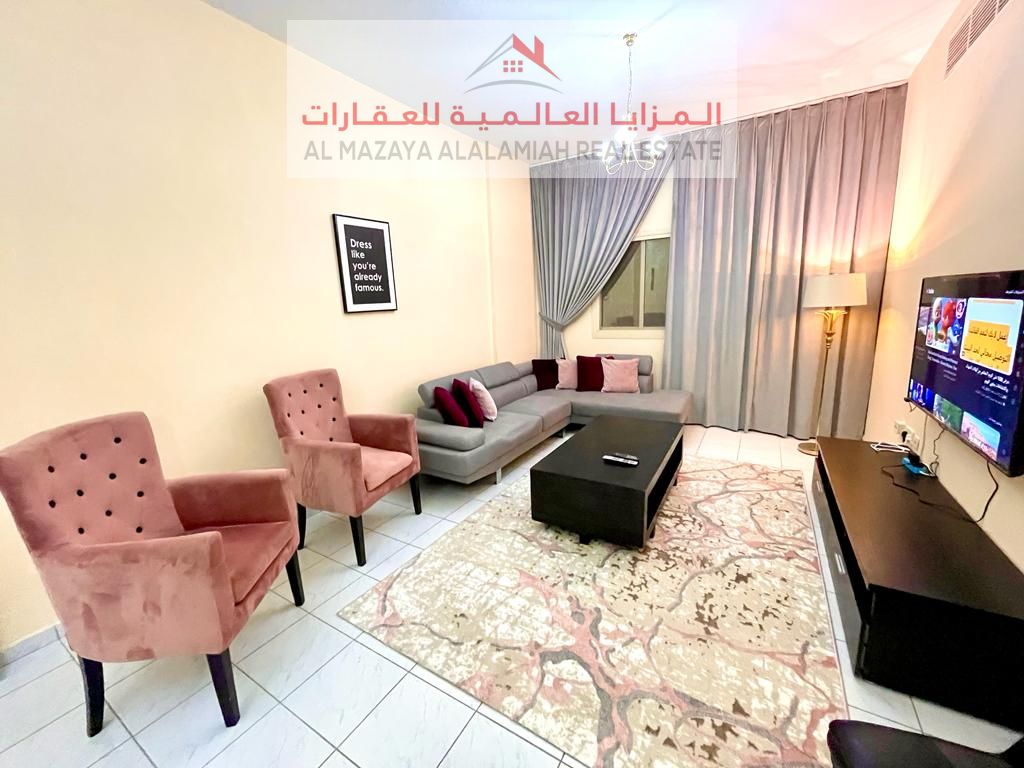 A fully furnished two-bedroom apartment in Al Qasba for monthly rent with all invoices