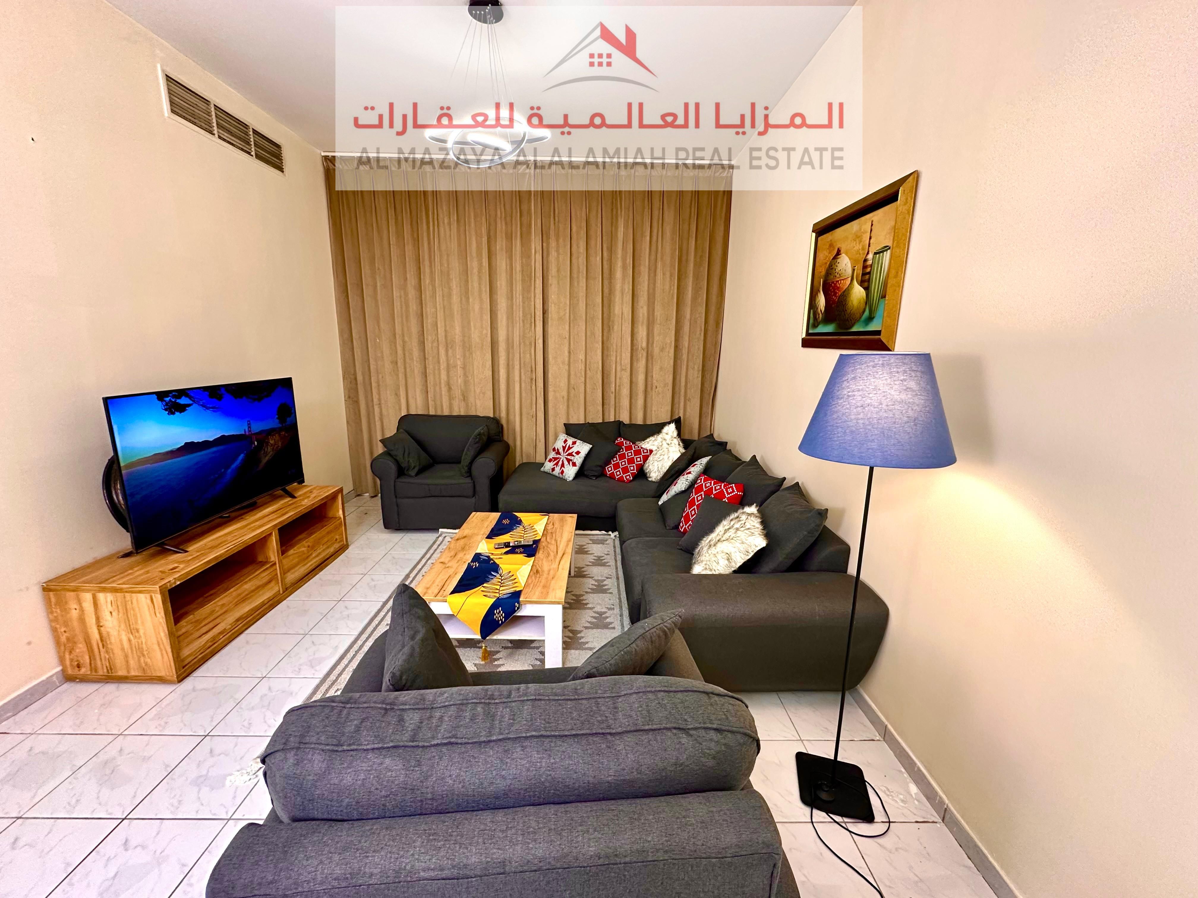 For rent monthly - Fully furnished Two-room apartment and a living room - All bills included - Sharjah - Al Khan - Al Qasba - Balcony - Internet