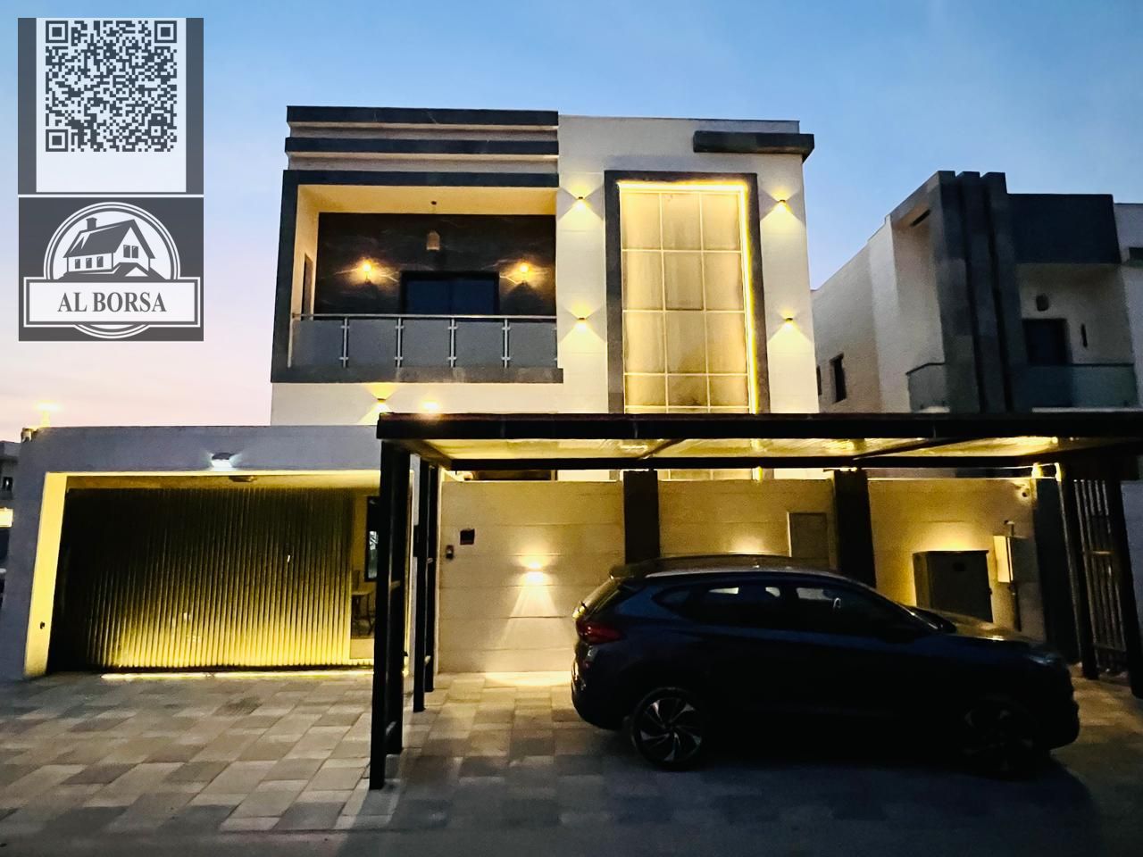 Villa for rent in Al Bahia, fully furnished, with a setback in front of the villa with an outside canopy, a courtyard inside the villa with parking, a
