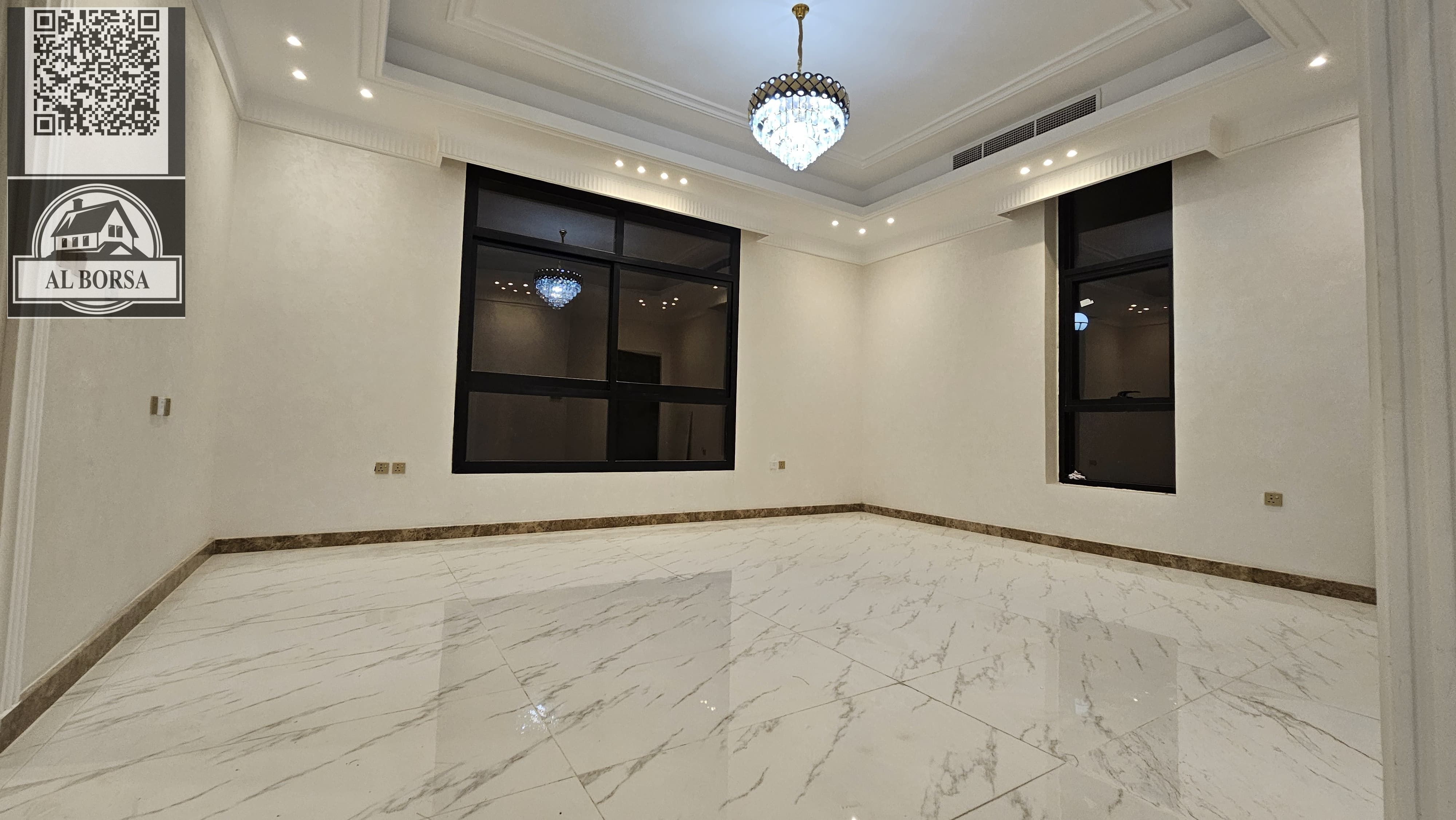 For rent in Al Yasmin, a second-to-last villa with five master bedrooms, a majlis, a living room, a kitchen, and a maid's room.