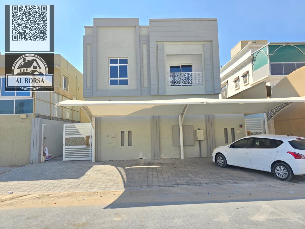For rent in Al Zahia area, a two-story villa with 5 master bedrooms, a living room, a majlis, a kitchen, and a maid's room. Second tenant.