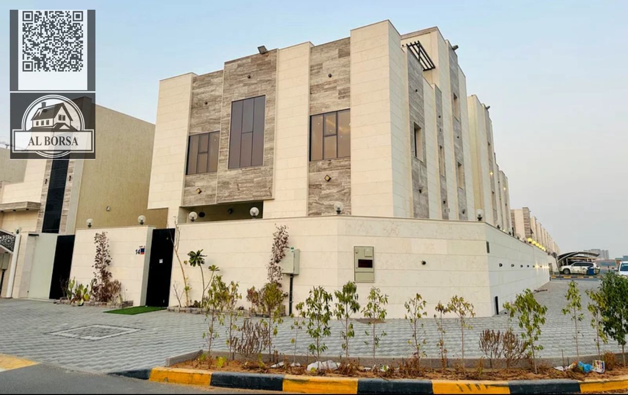 Corner villa for rent in Al Amerah, Ajman. 6 master bedrooms, majlis, living room, ground floor, first floor, and roof.
