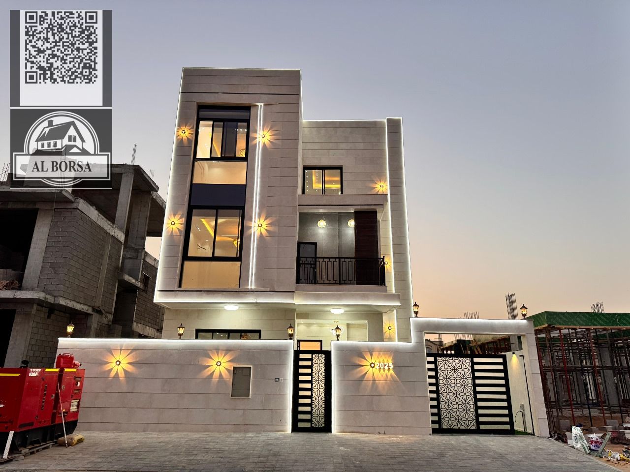 For sale in Al Zahia 2 – Ajman, a 3-story villa with 6 master bedrooms, a majlis, a living room, and a swimming pool.
