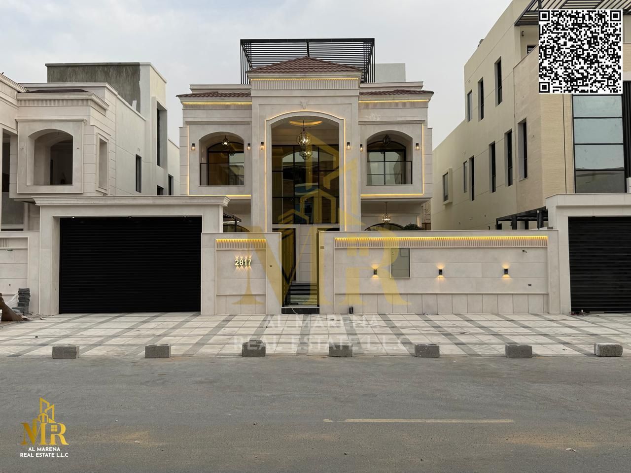A distinctive classic-style villa with two floors and a rooftop, central air conditioning, and a prime location directly on Sheikh Mohammed Bin Zayed